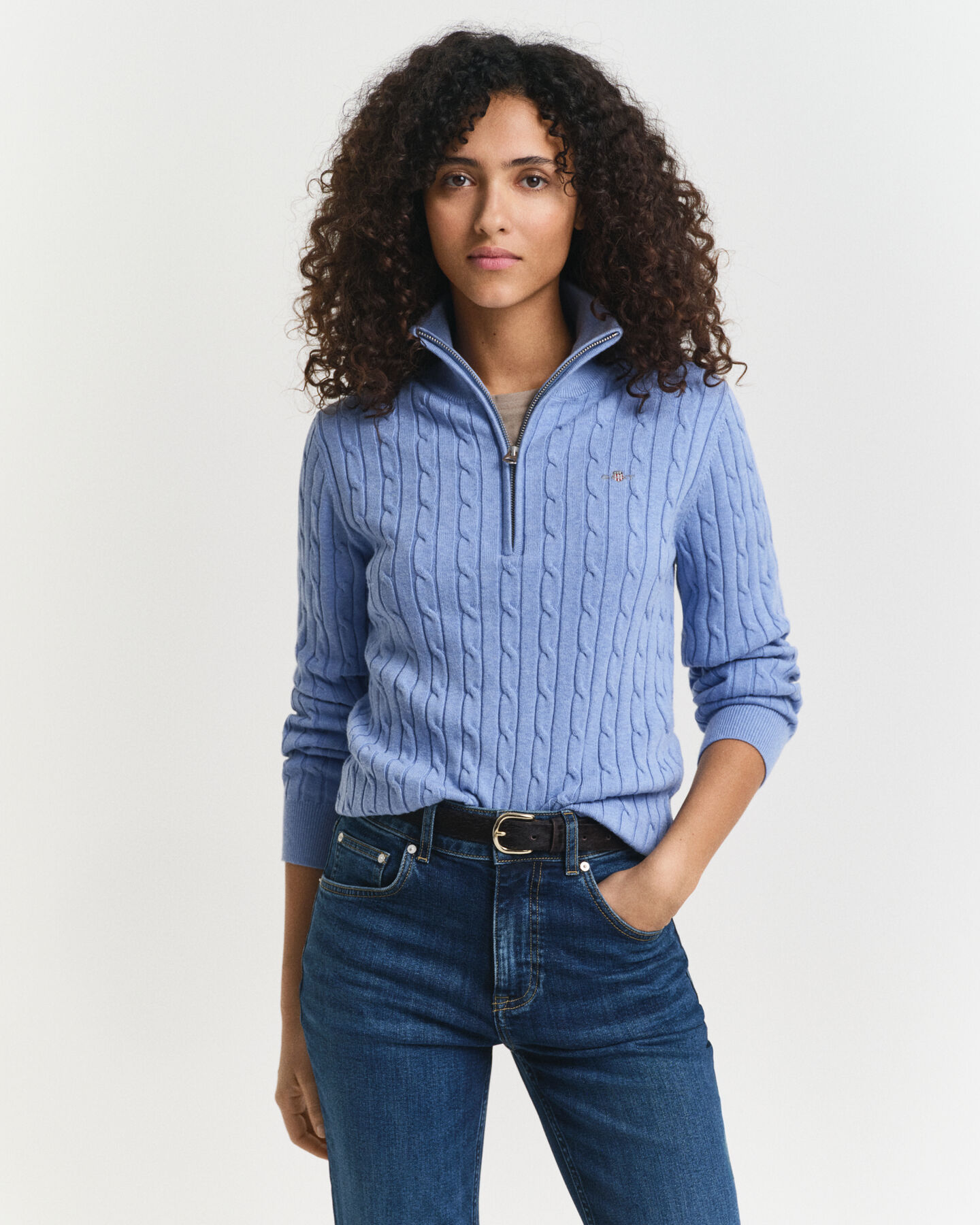 Pull à demi-zip en maille de coton torsadée stretch