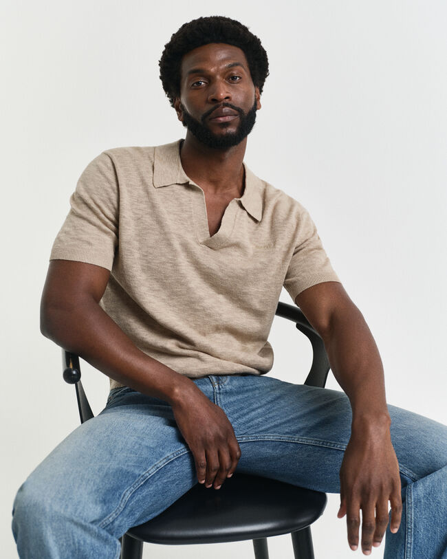 Pull polo en lin mélangé à manches courtes