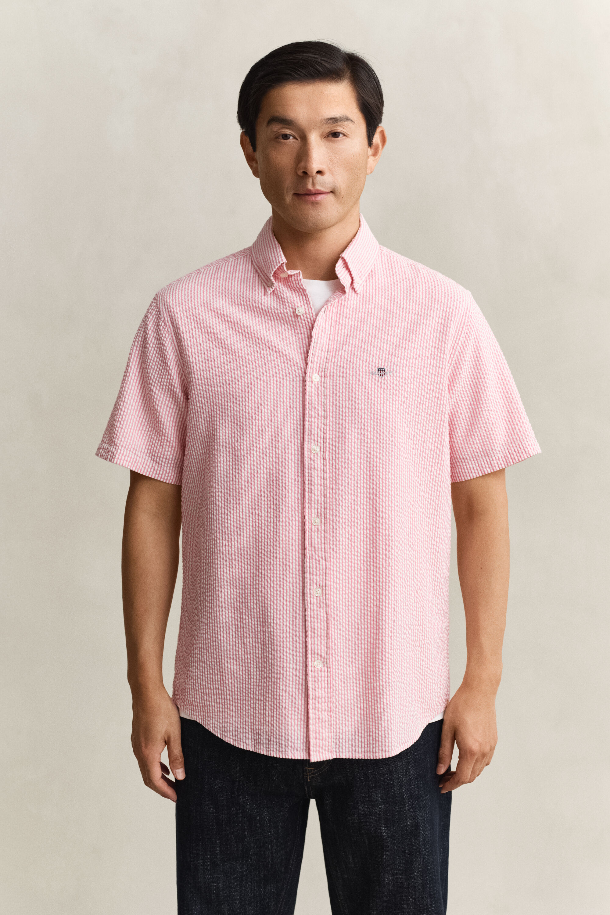Chemise à manches courtes en seersucker à rayures