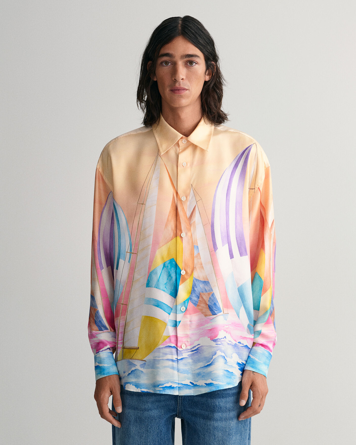 Oversized Sailing Print zijden hemd