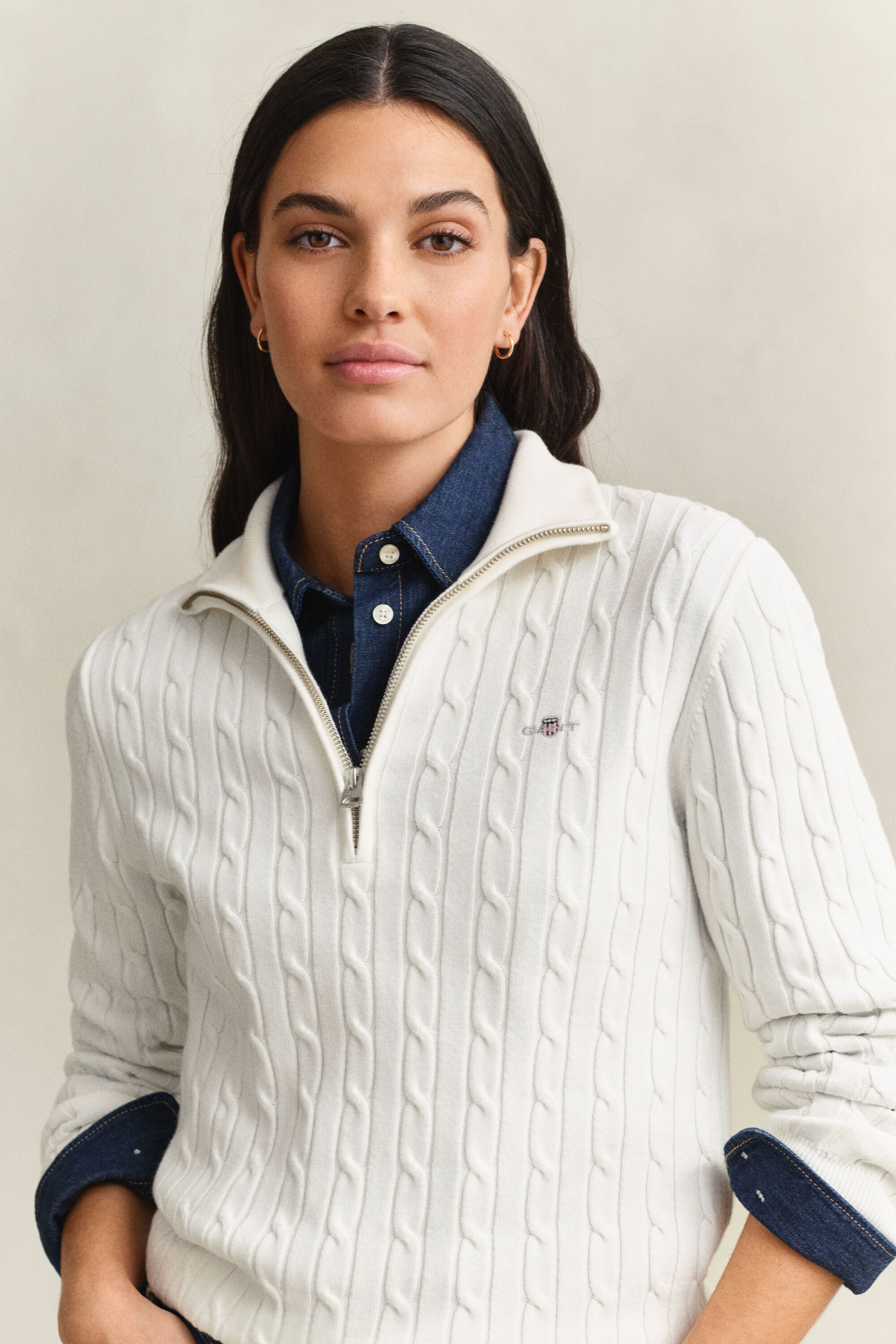 Pull à demi-zip en maille de coton torsadée stretch