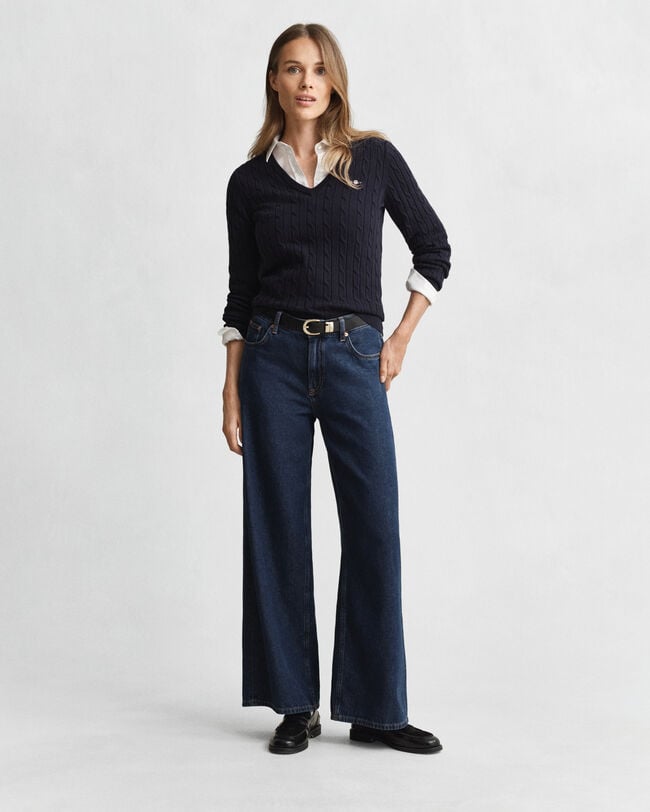 Gebreide kabeltrui met V-hals van stretchkatoen