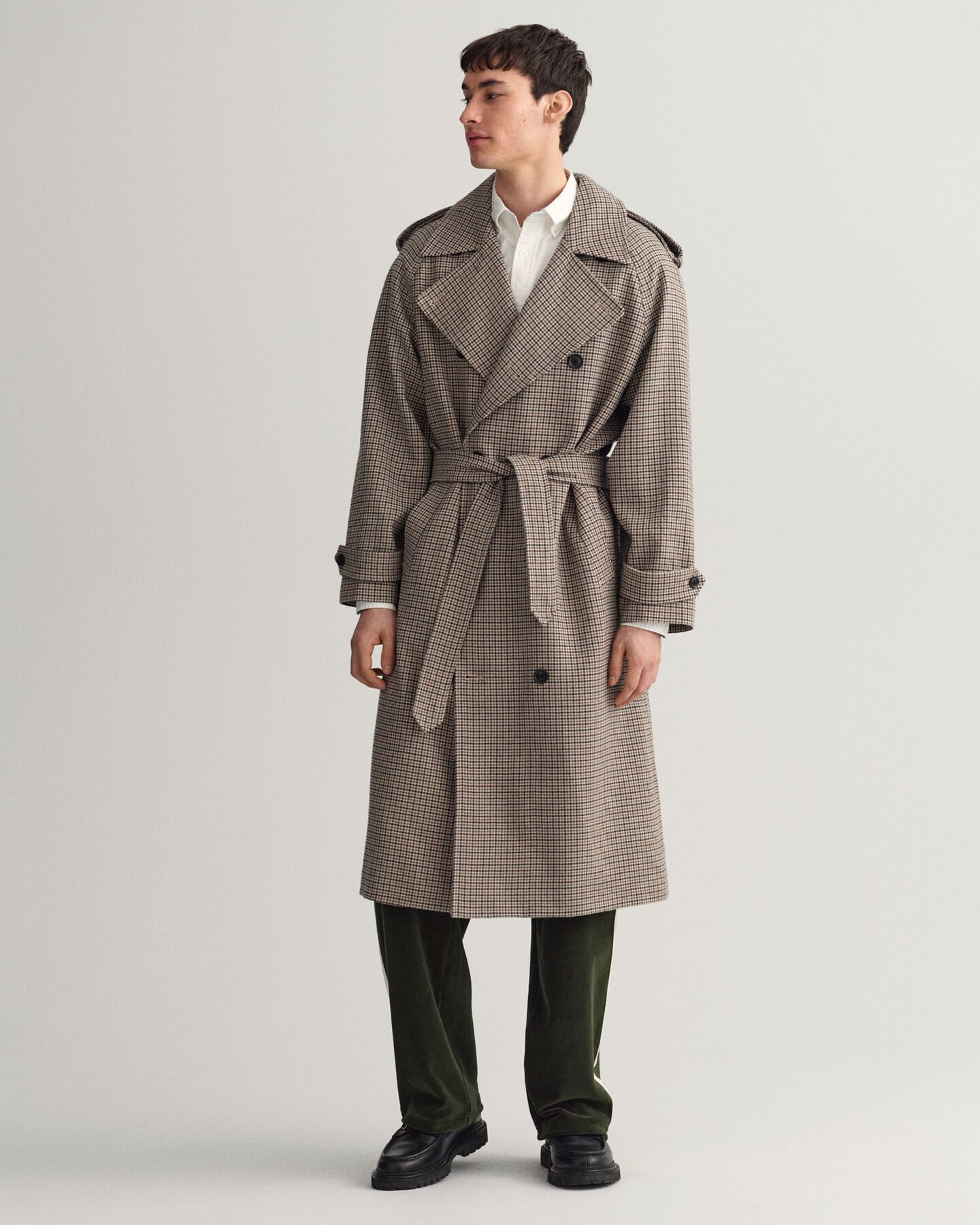 Trench-coat en laine à motif pied-de-poule