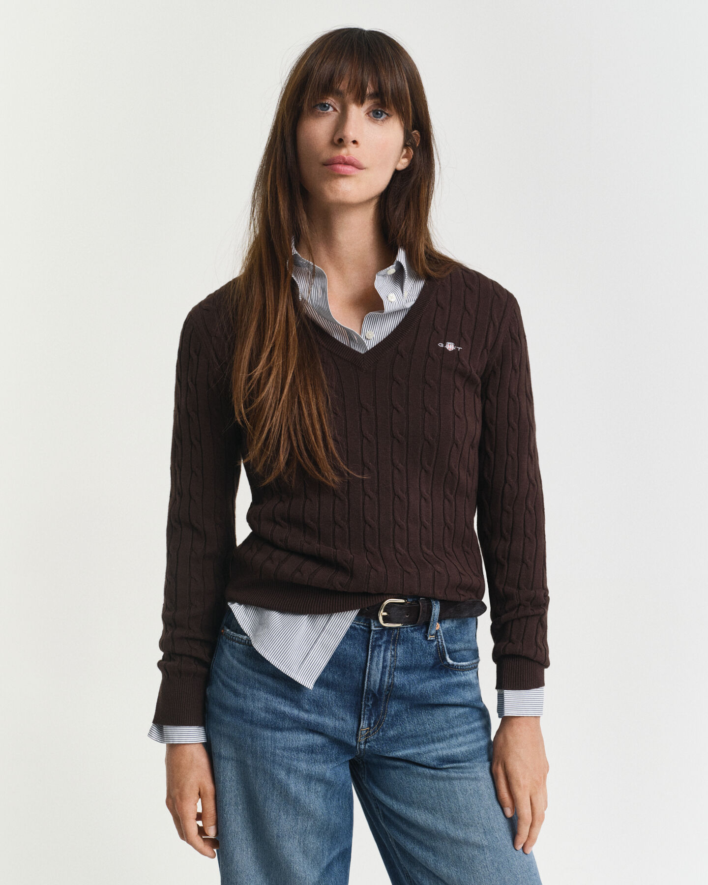 Gebreide kabeltrui met V-hals van stretchkatoen