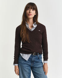 Gebreide kabeltrui met V-hals van stretchkatoen