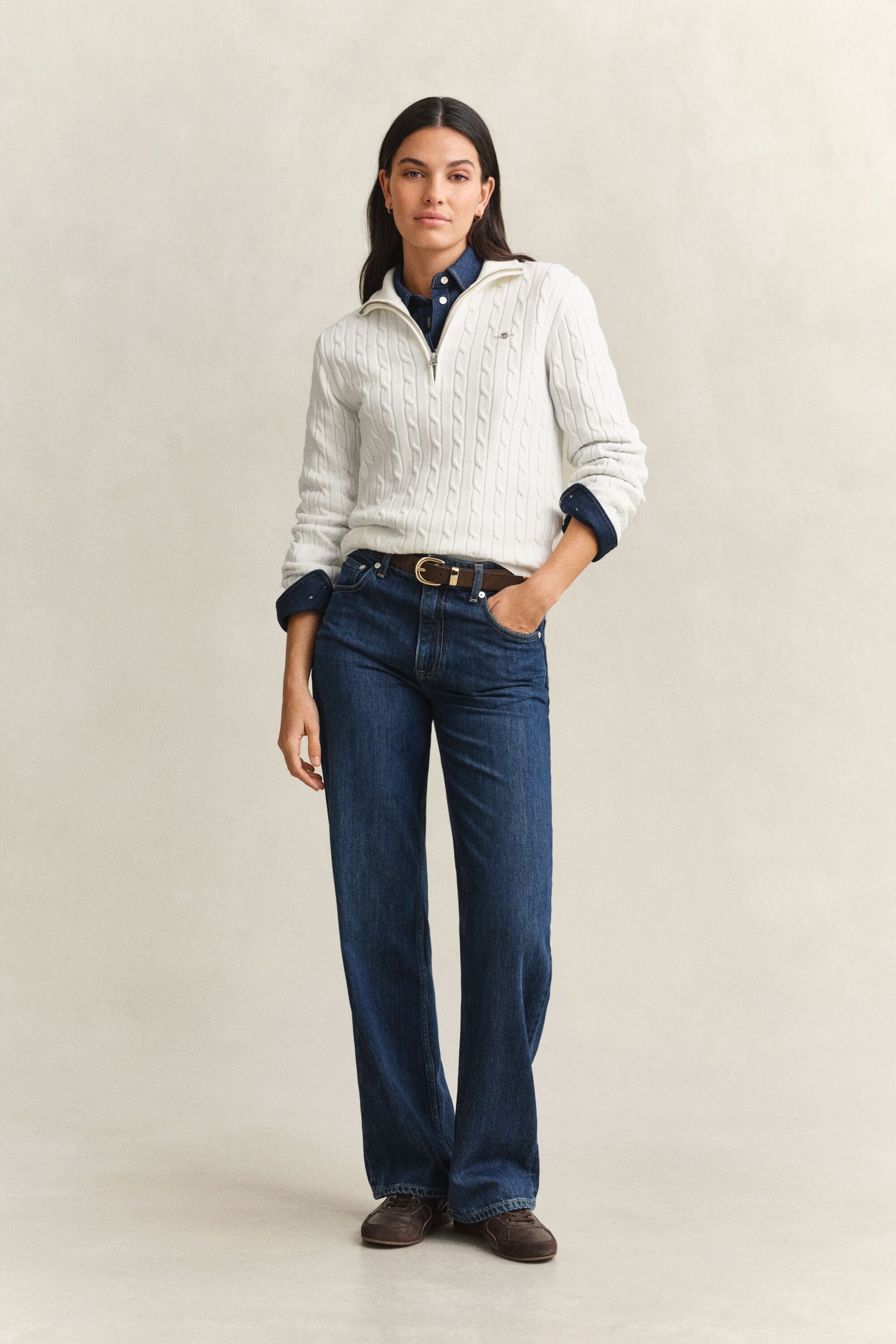 Pull à demi-zip en maille torsadée extensible