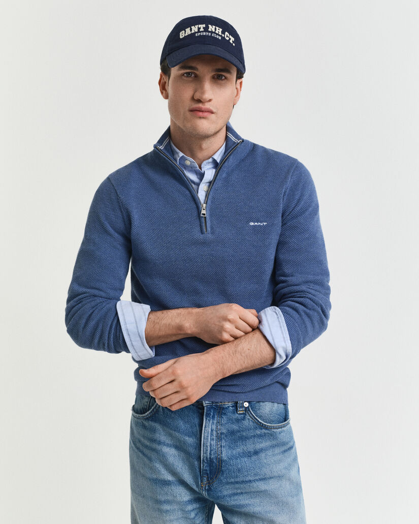 Sweater van katoenpiqu&eacute; met korte rits