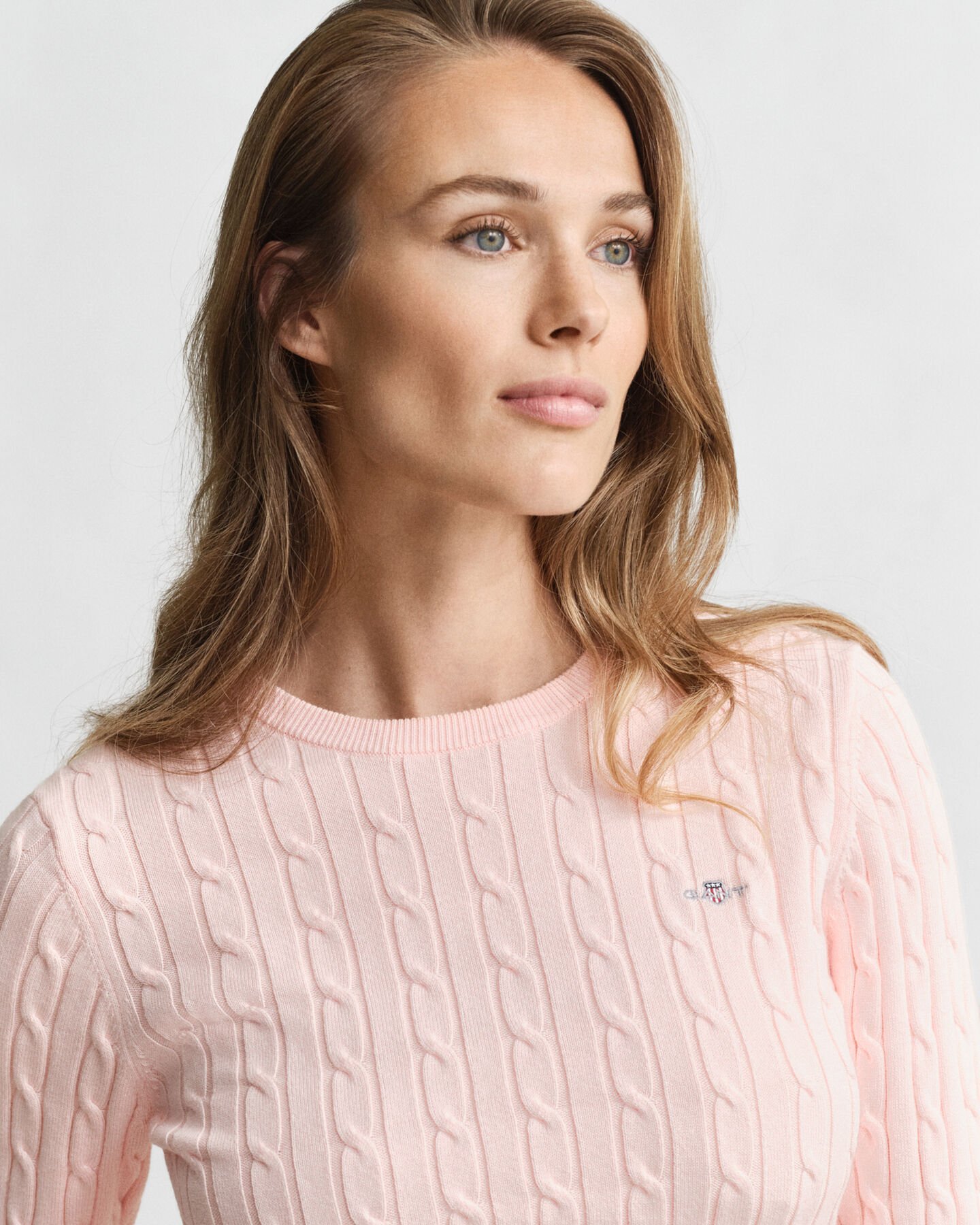 Gebreide kabeltrui met ronde hals van stretchkatoen