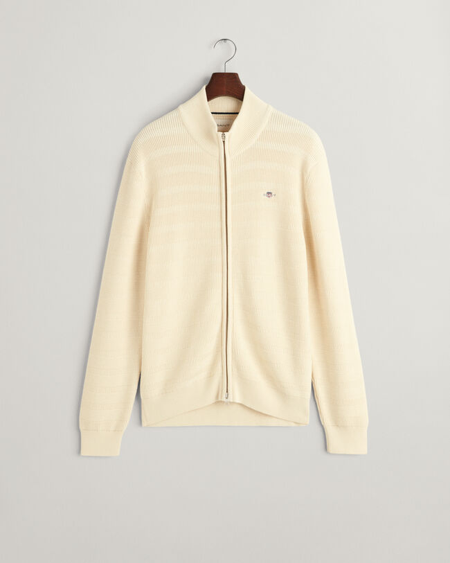 Cardigan zipp&eacute; en coton textur&eacute; &agrave; rayures