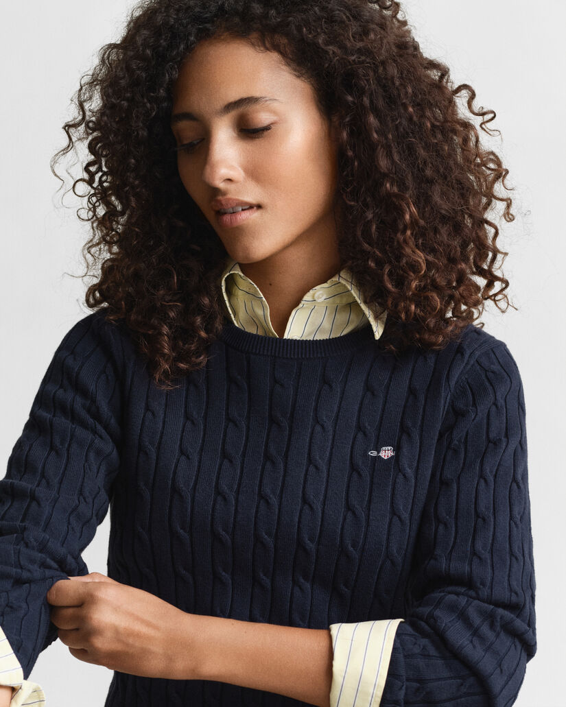 Pull col rond en maille de coton stretch à torsades