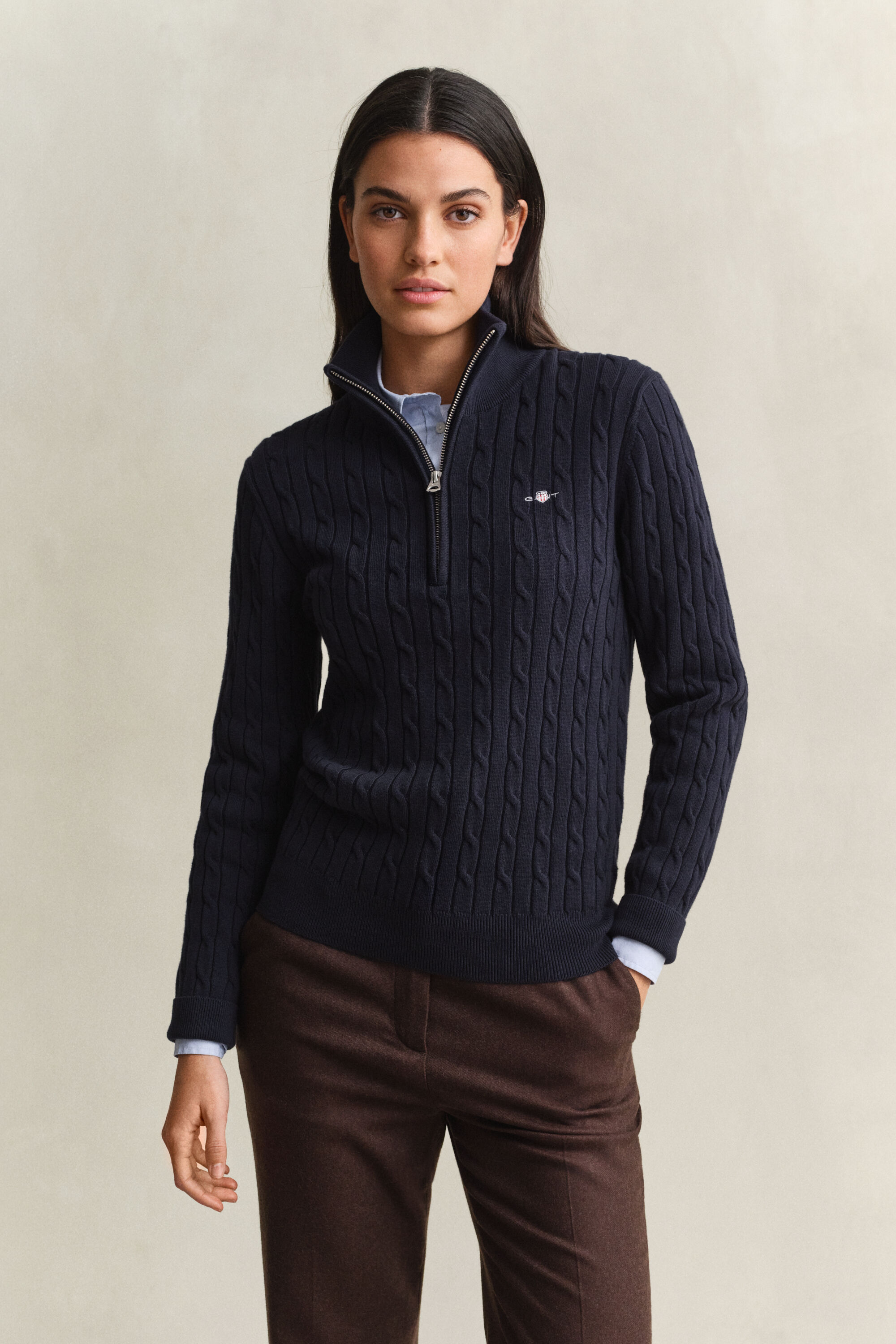 Pull à demi-zip en maille de coton torsadée stretch