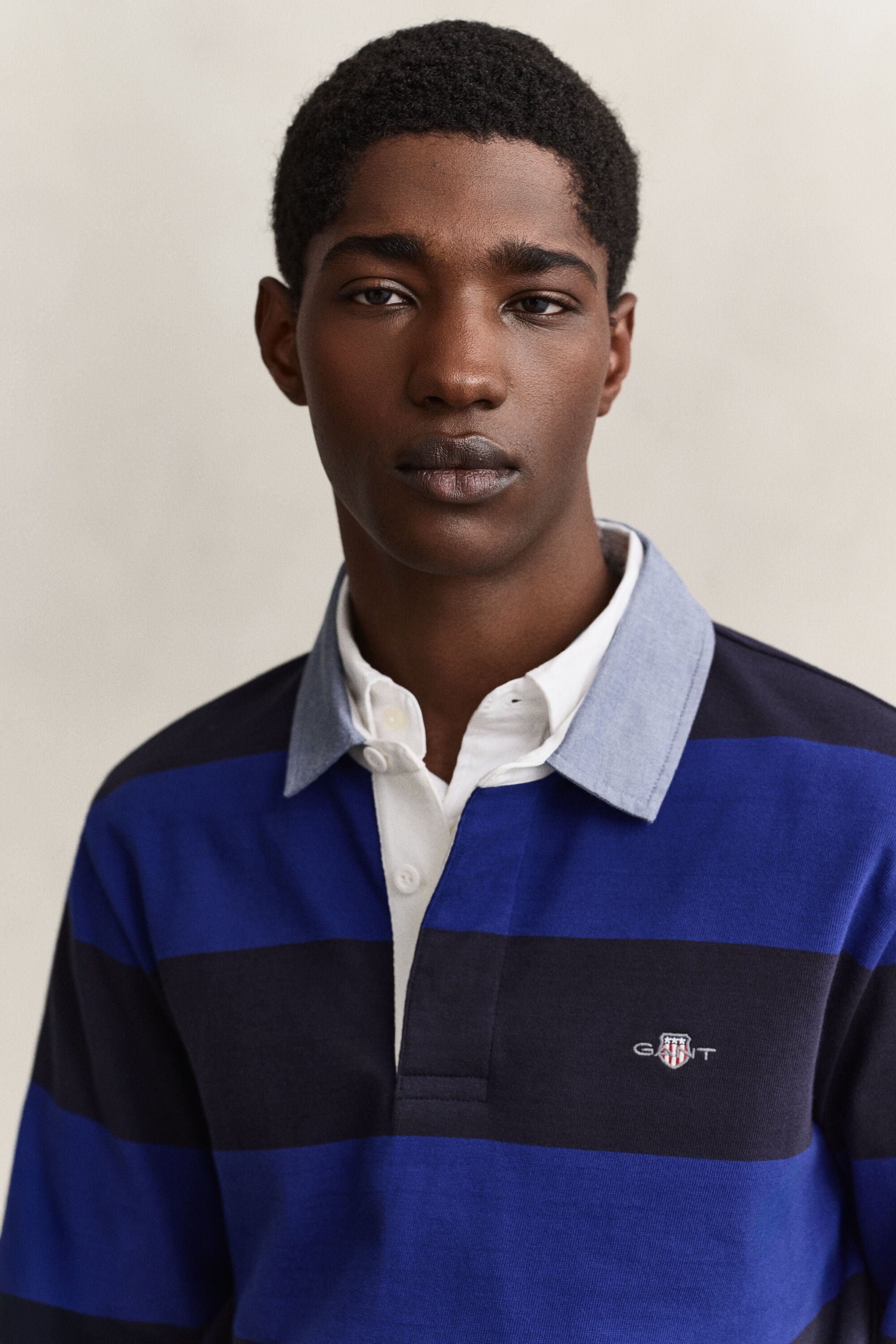 Gestreepte Heavy Rugger met chambray kraag