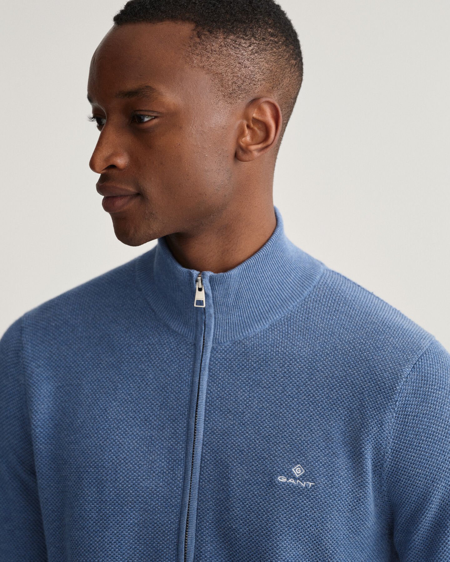 Trui van katoenpiqué met korte rits