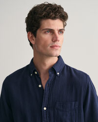 Chemise regular fit textur&eacute;e en coton et lin &agrave; manches courtes