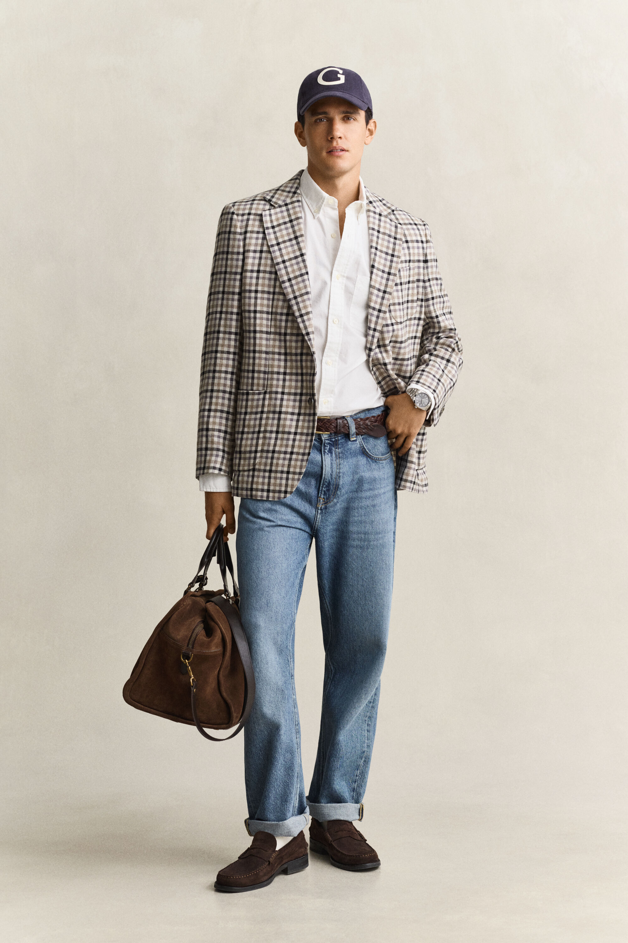 Geruite blazer van wol en linnen