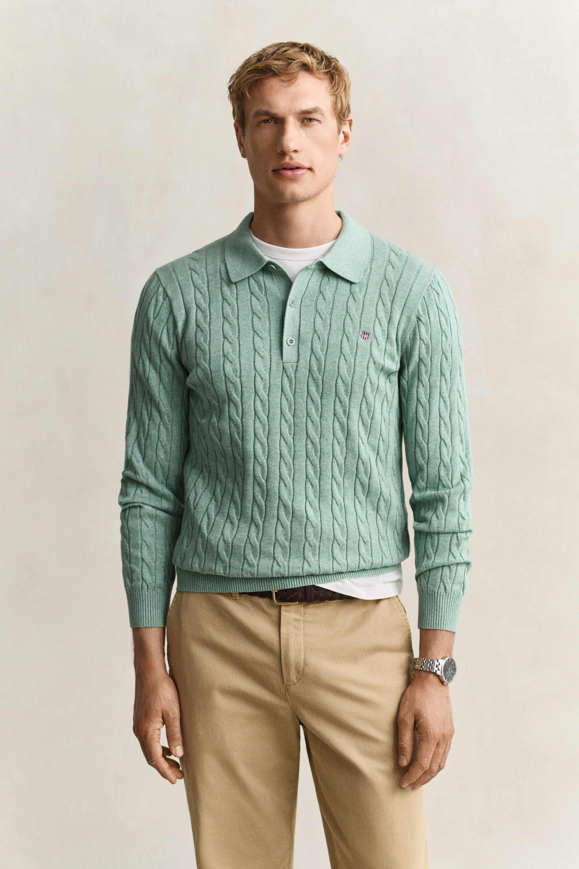 Pull façon polo en maille de coton à torsades