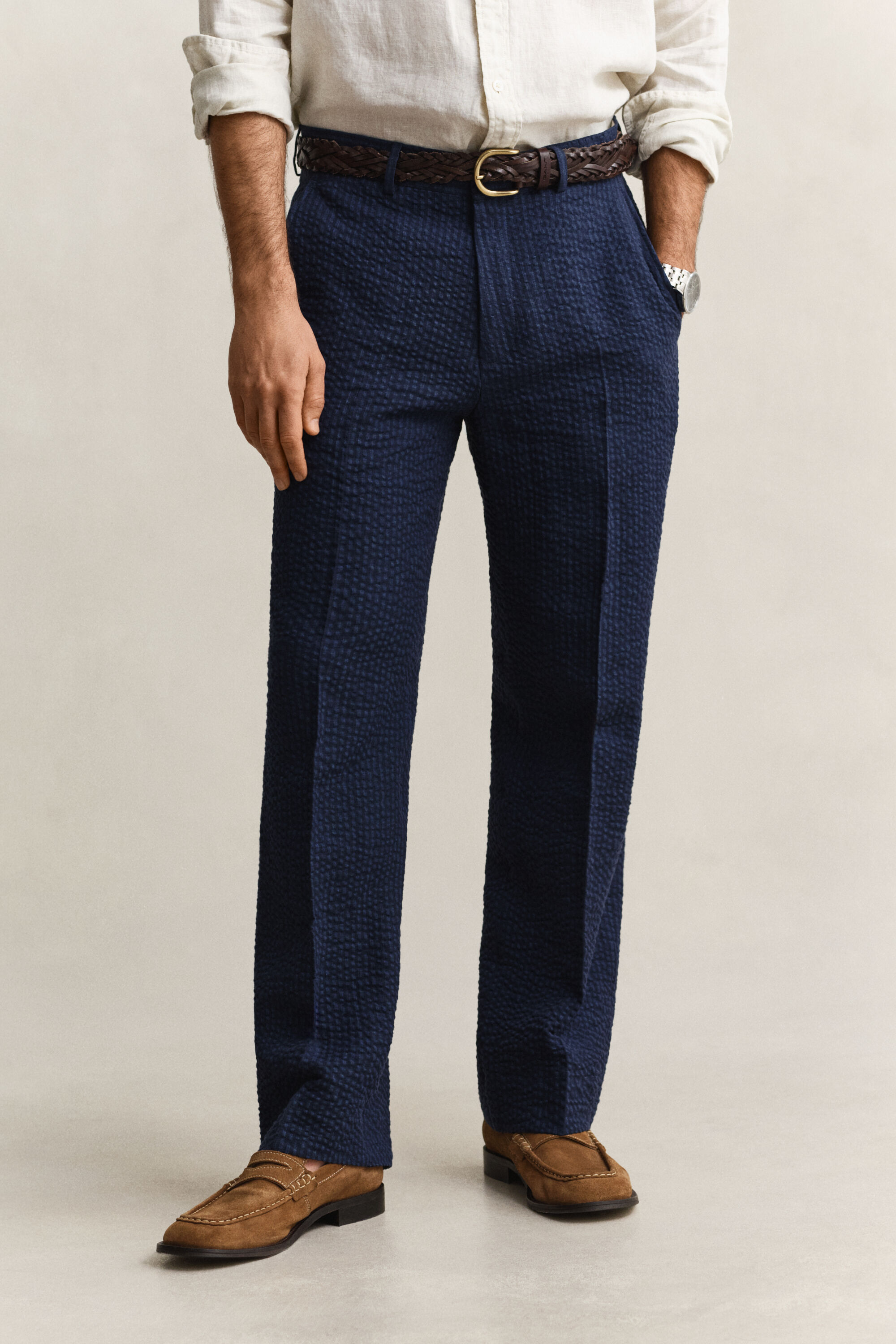 Pantalon de costume en seersucker indigo