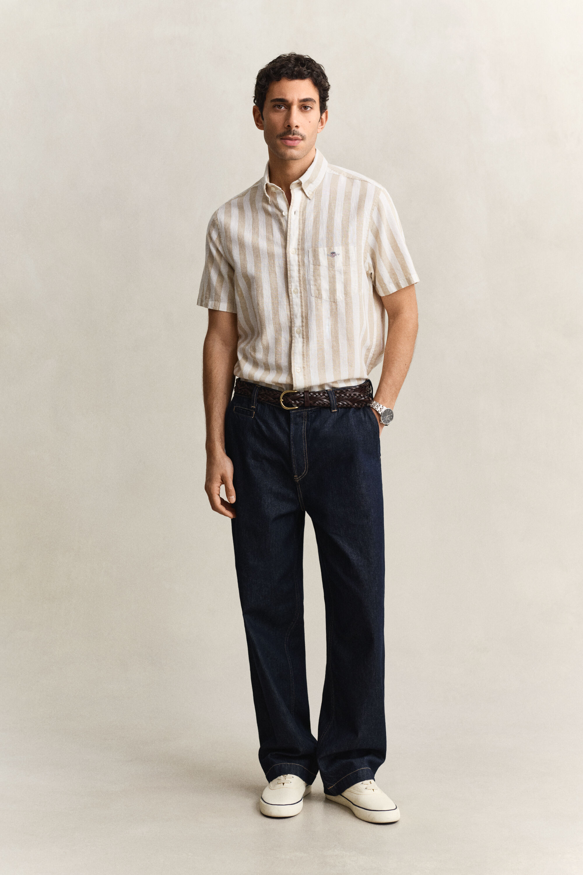 Gestreept overhemd met korte mouwen van linnenmix