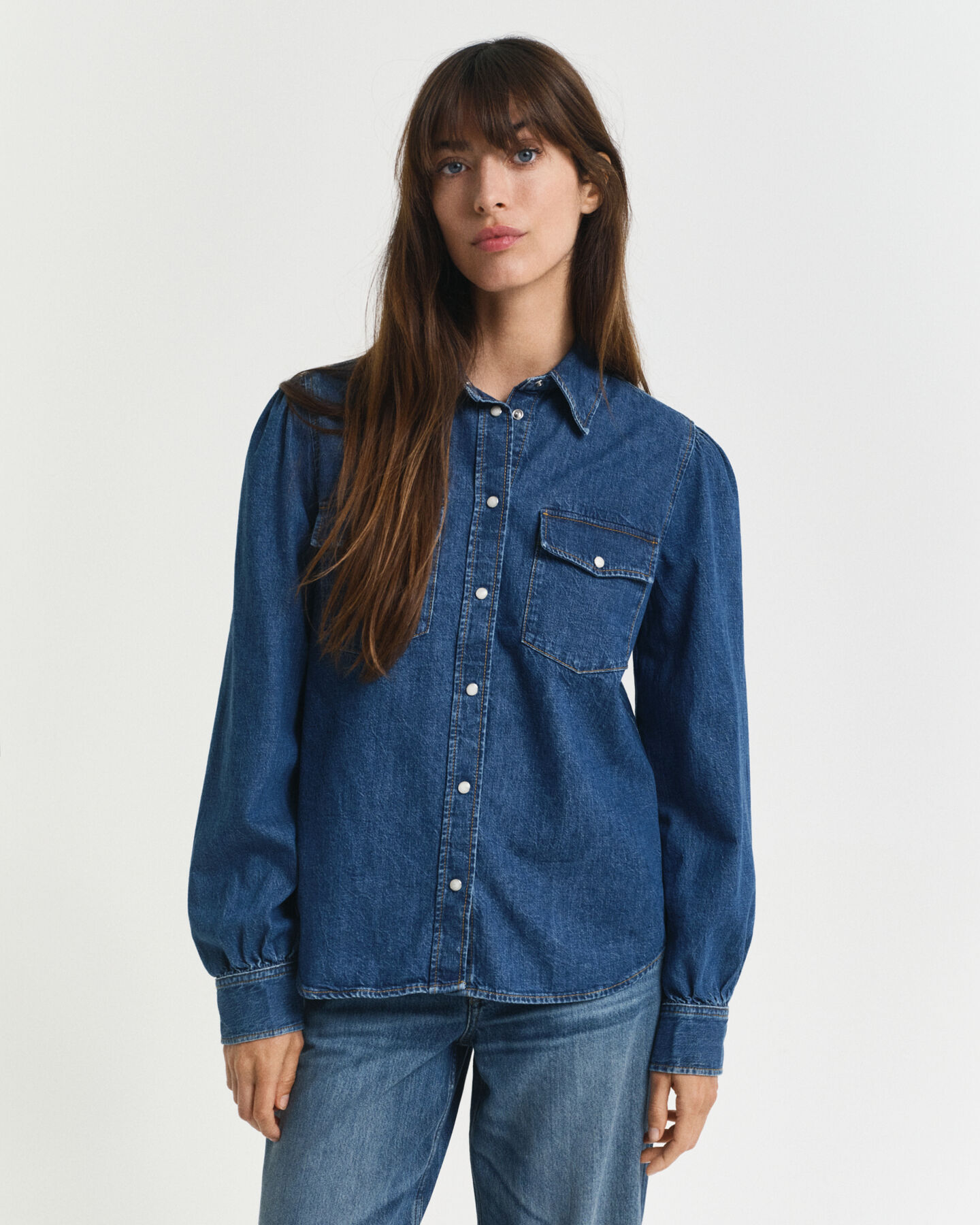 Regular Fit denim hemd met pofmouwen