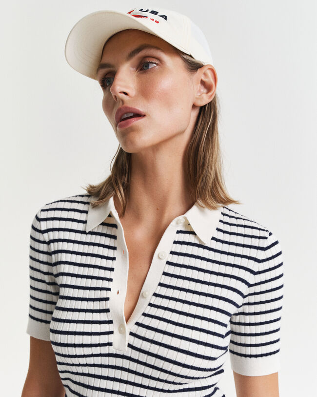 Rugger à manches courtes en maille côtelée rayée