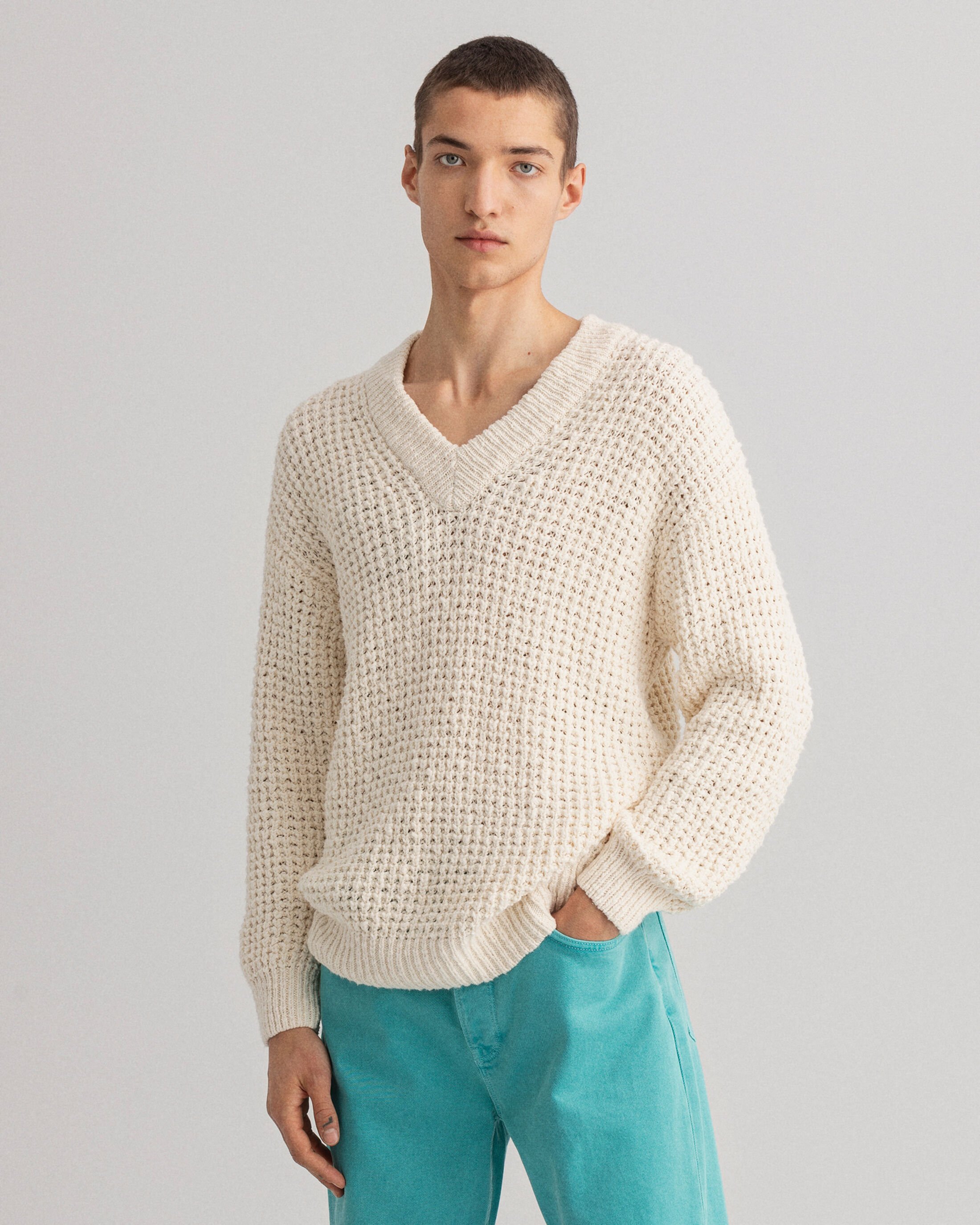  Slouchy Textured sweater met V-hals 