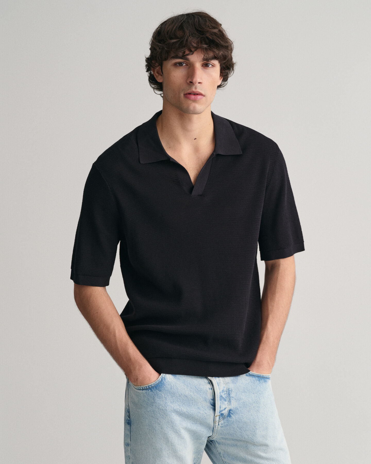 Pull fa&ccedil;on polo &agrave; maille ouverte