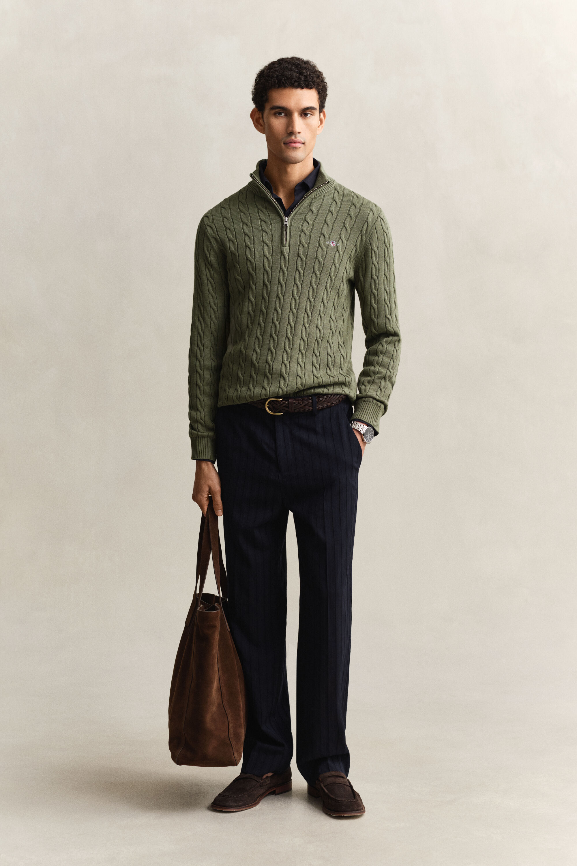 Kabelgebreide trui met korte rit van katoen