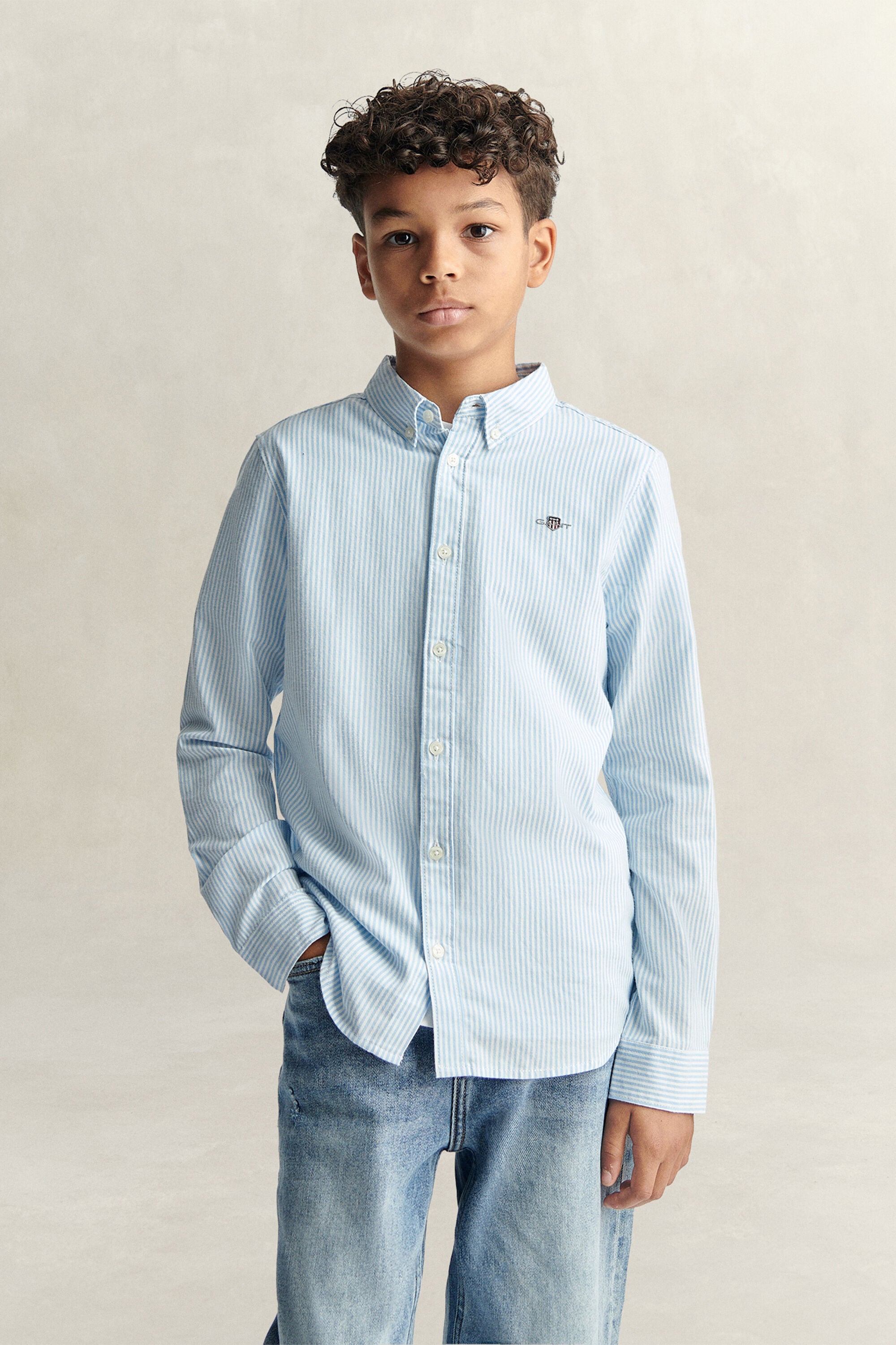 Chemise en coton Oxford à rayures avec écusson pour Ado Garçon