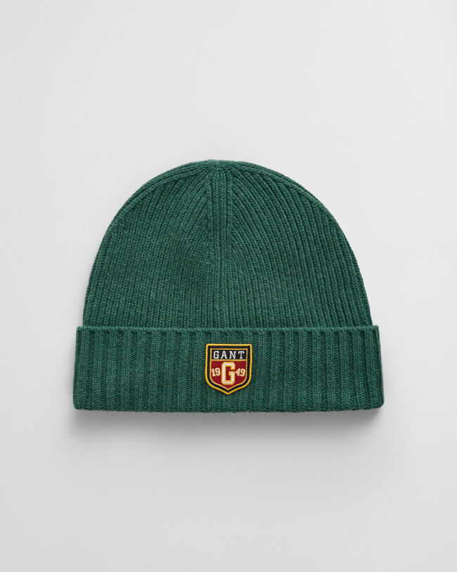 Wollen beanie met badge