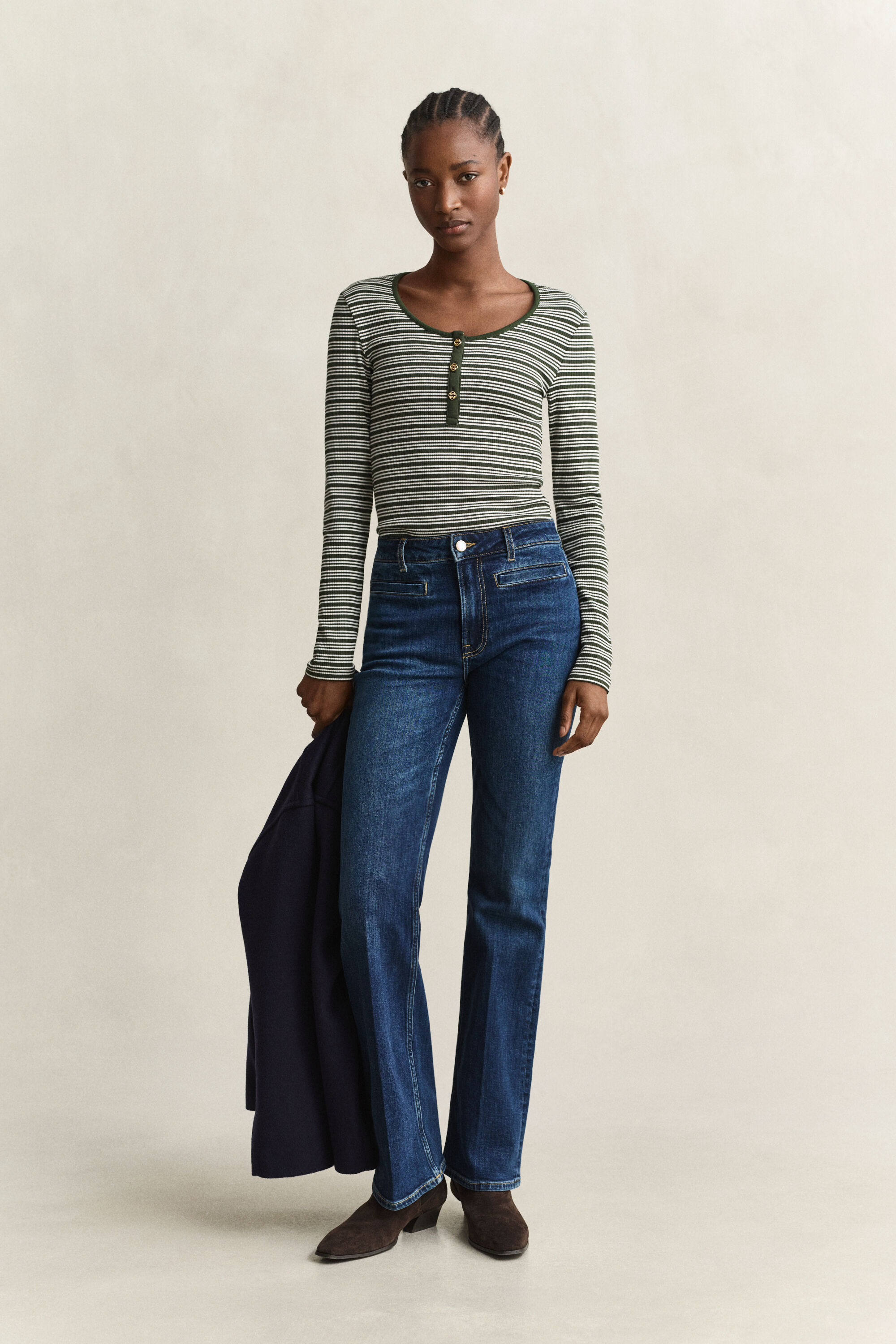 Geribde Henley-top met lange mouwen