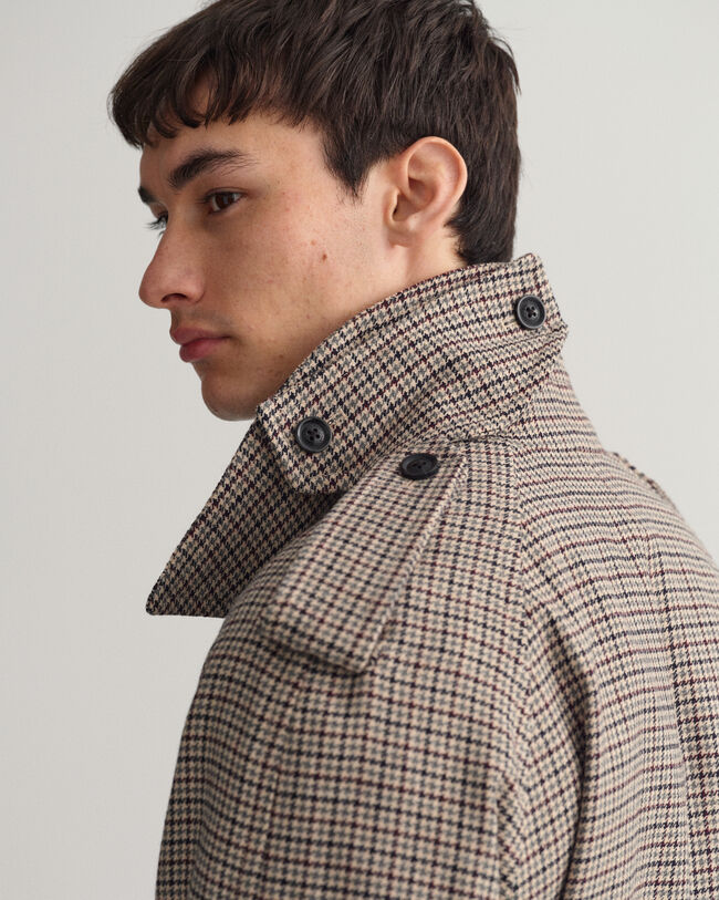 Trench-coat en laine à motif pied-de-poule