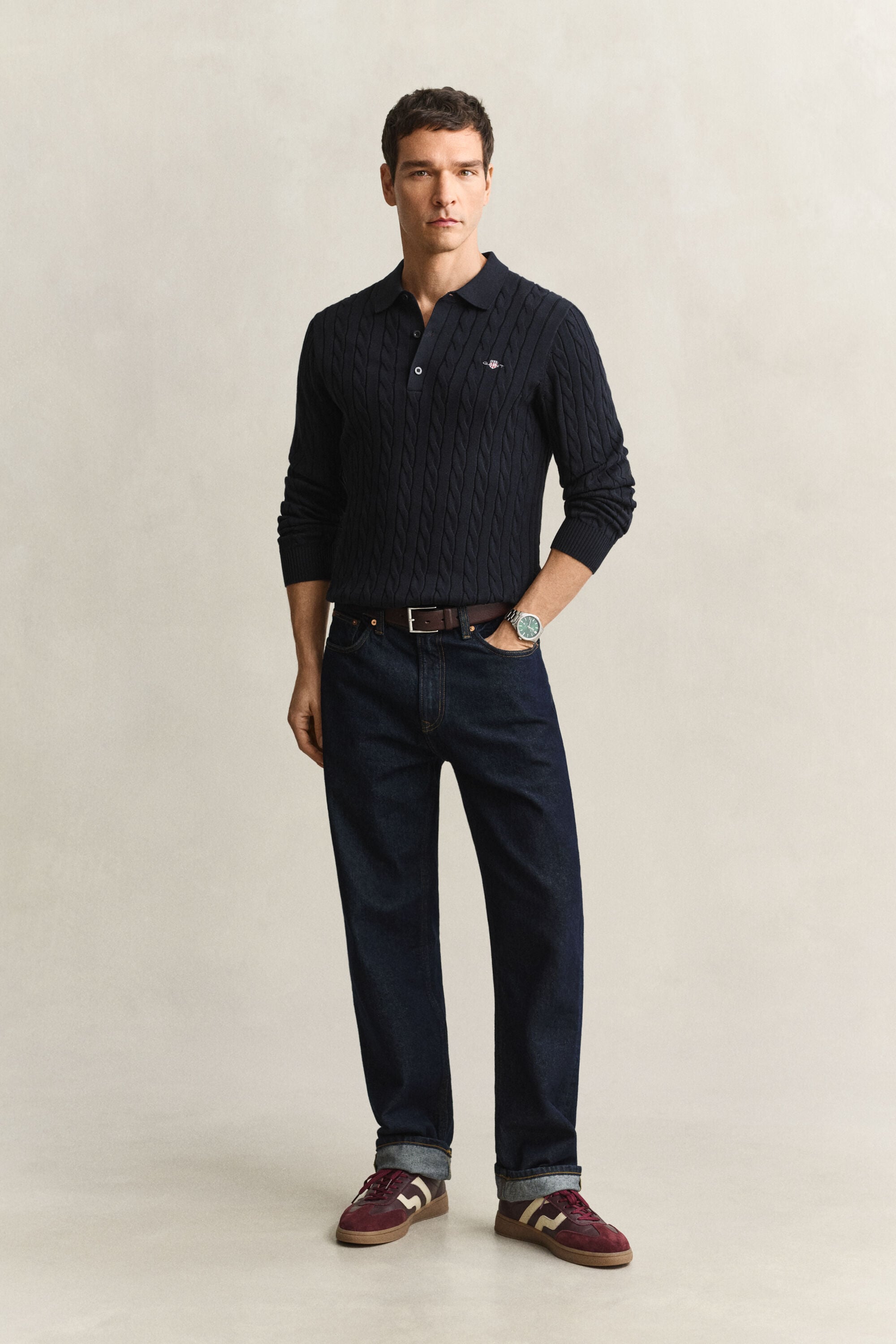 Pull façon polo en maille de coton à torsades