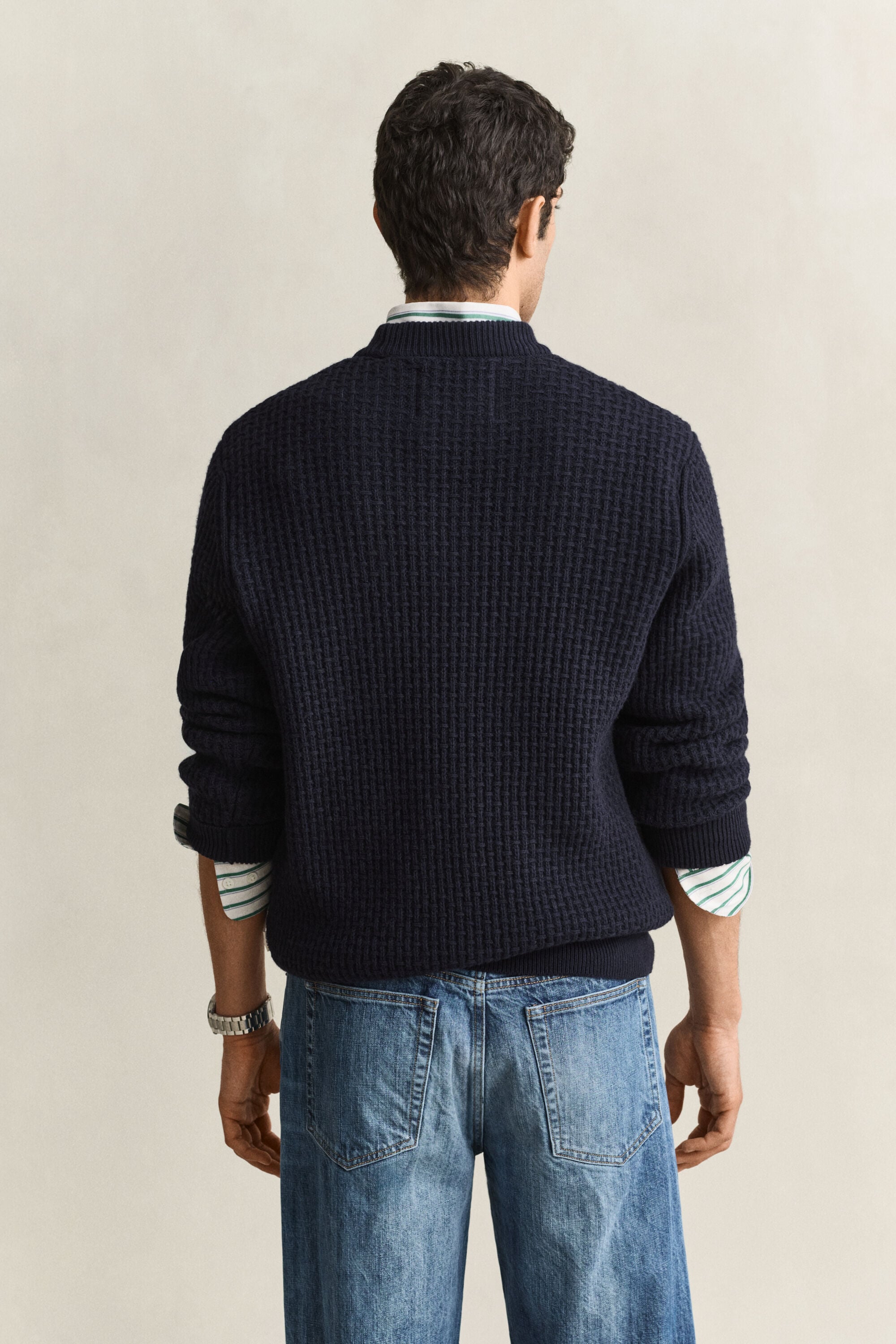 Pull texturé à col cheminée en laine et coton