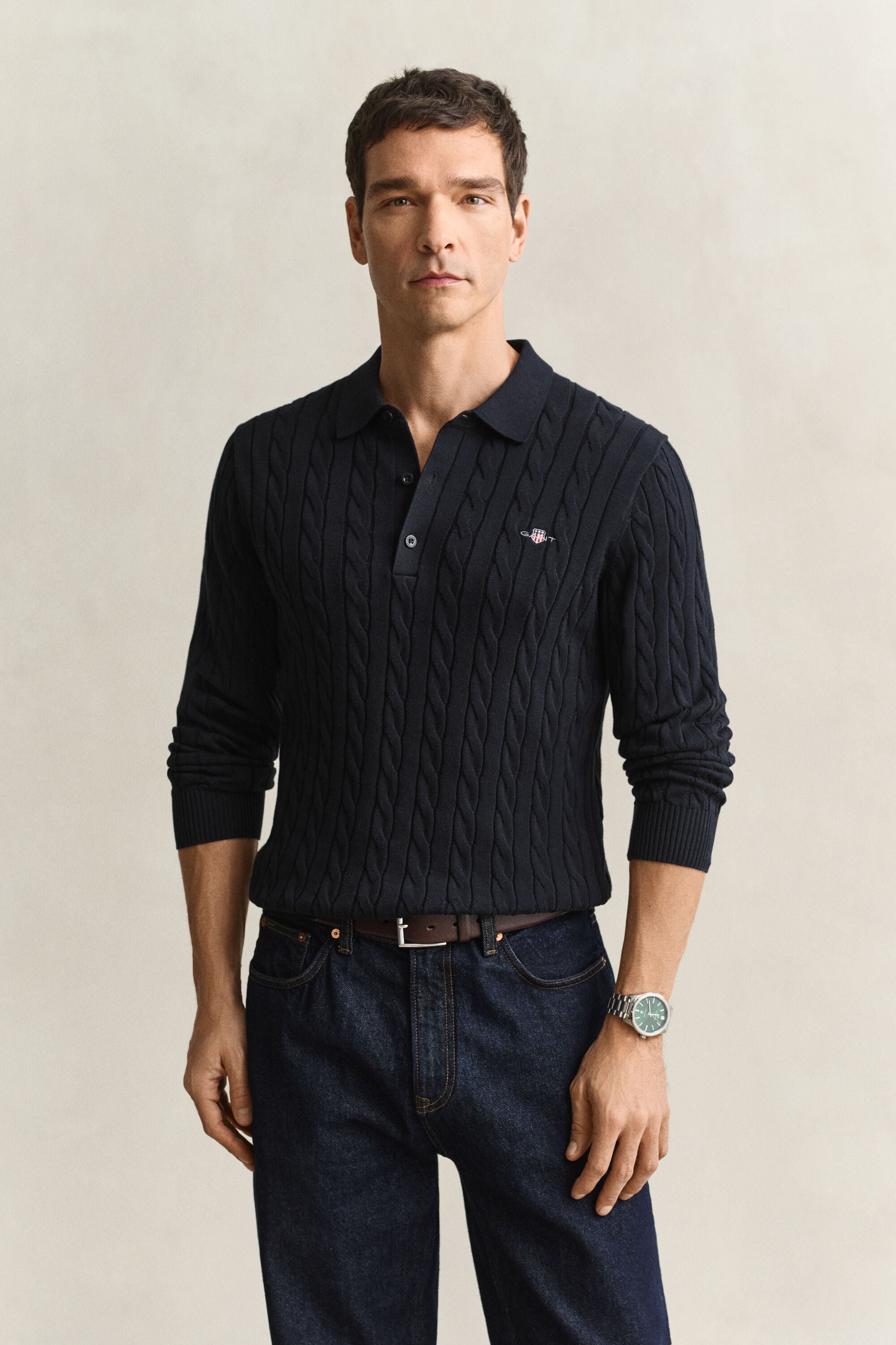 Pull façon polo en maille de coton à torsades
