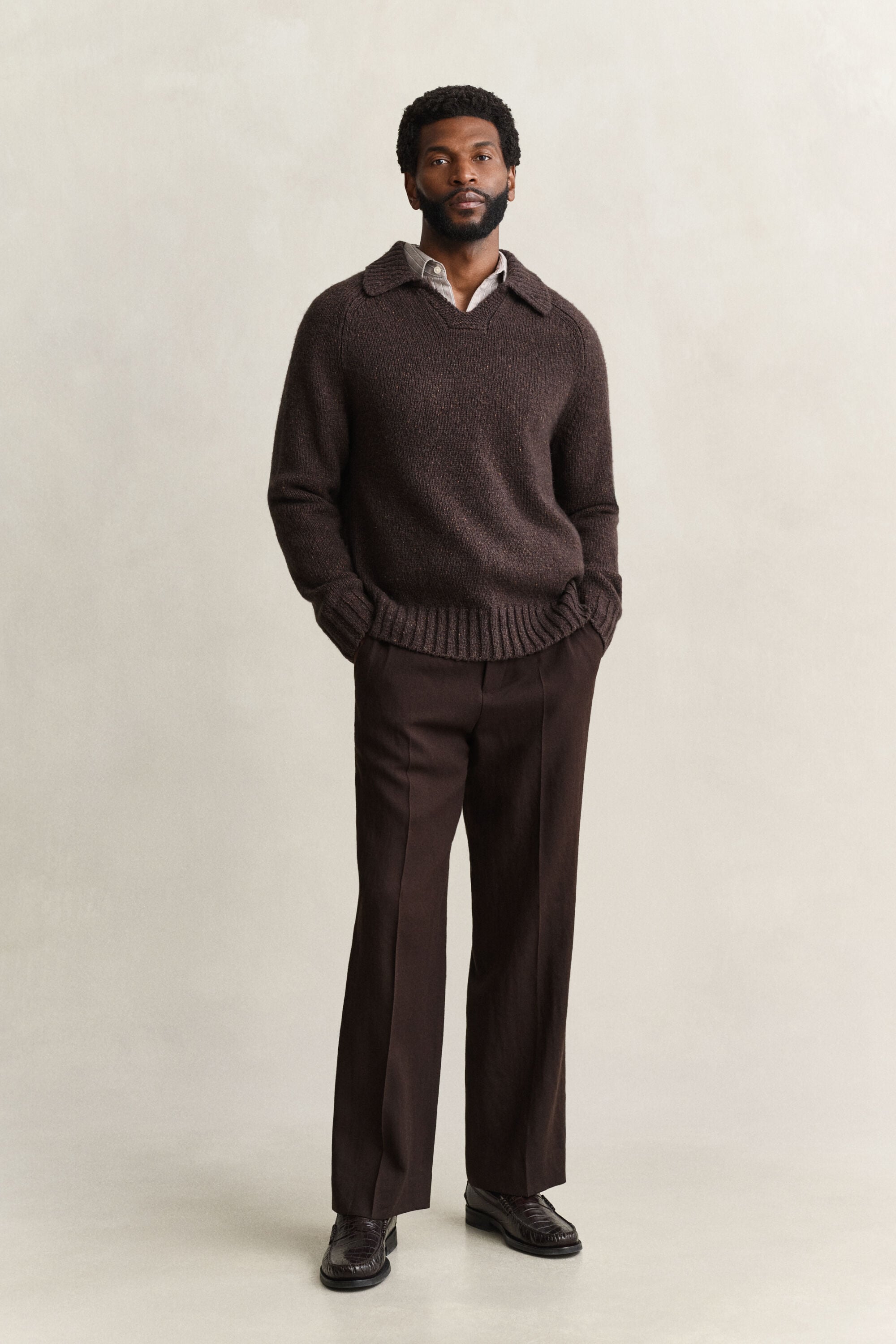 Pull façon polo en mélange de laine et soie