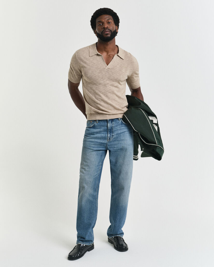 Pull polo en lin mélangé à manches courtes