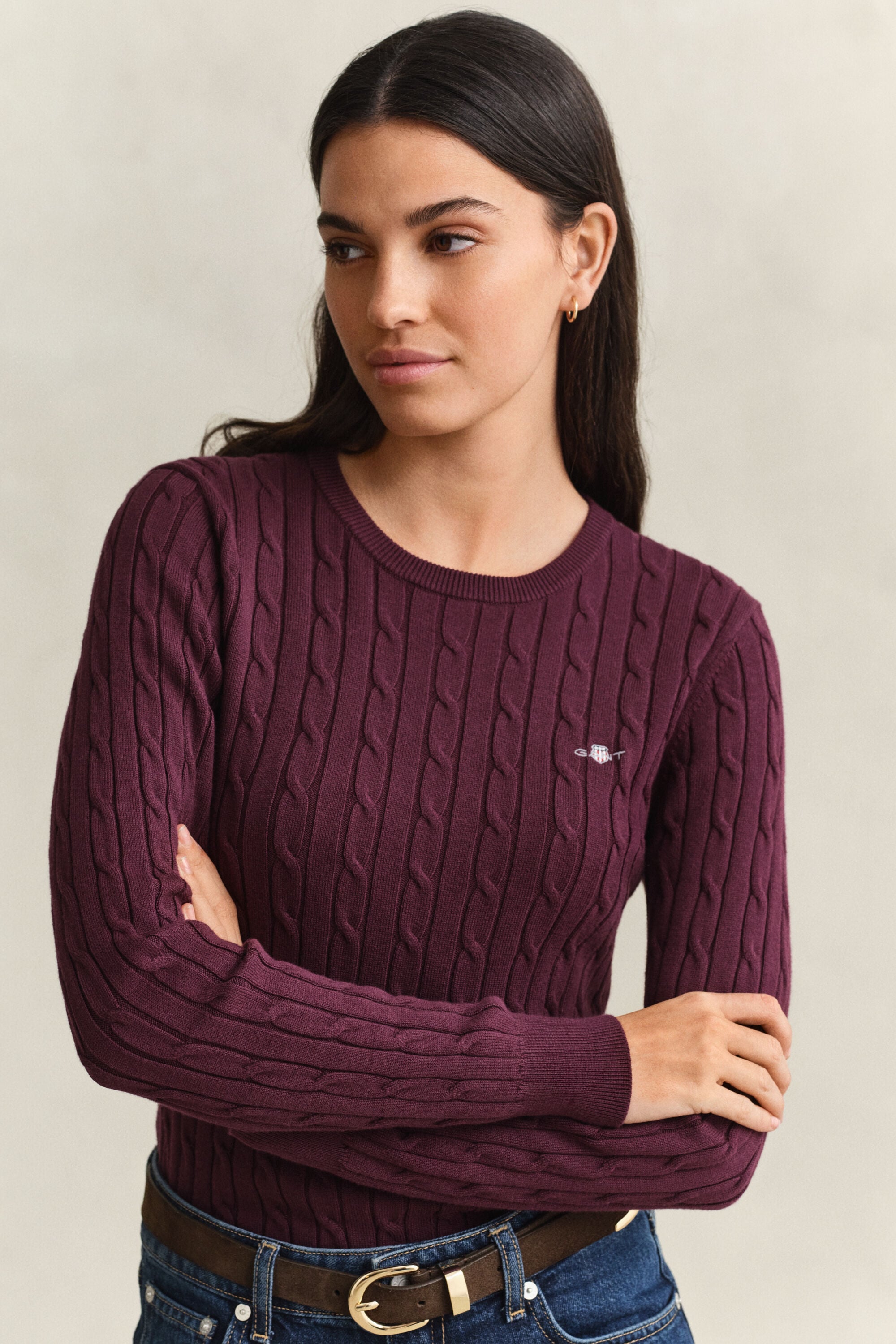 Pull col rond en maille de coton stretch à torsades