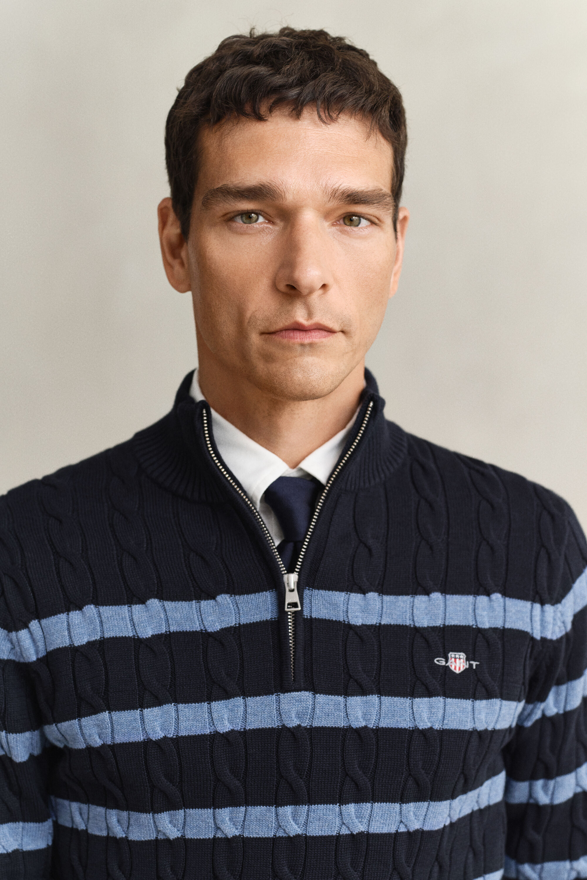 Pull à demi-zip en maille de coton torsadée à rayures