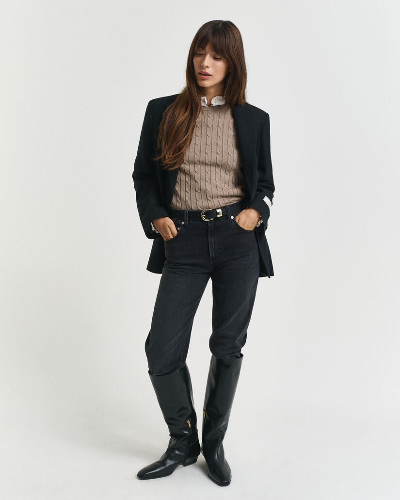 Pull col rond en maille de coton stretch à torsades