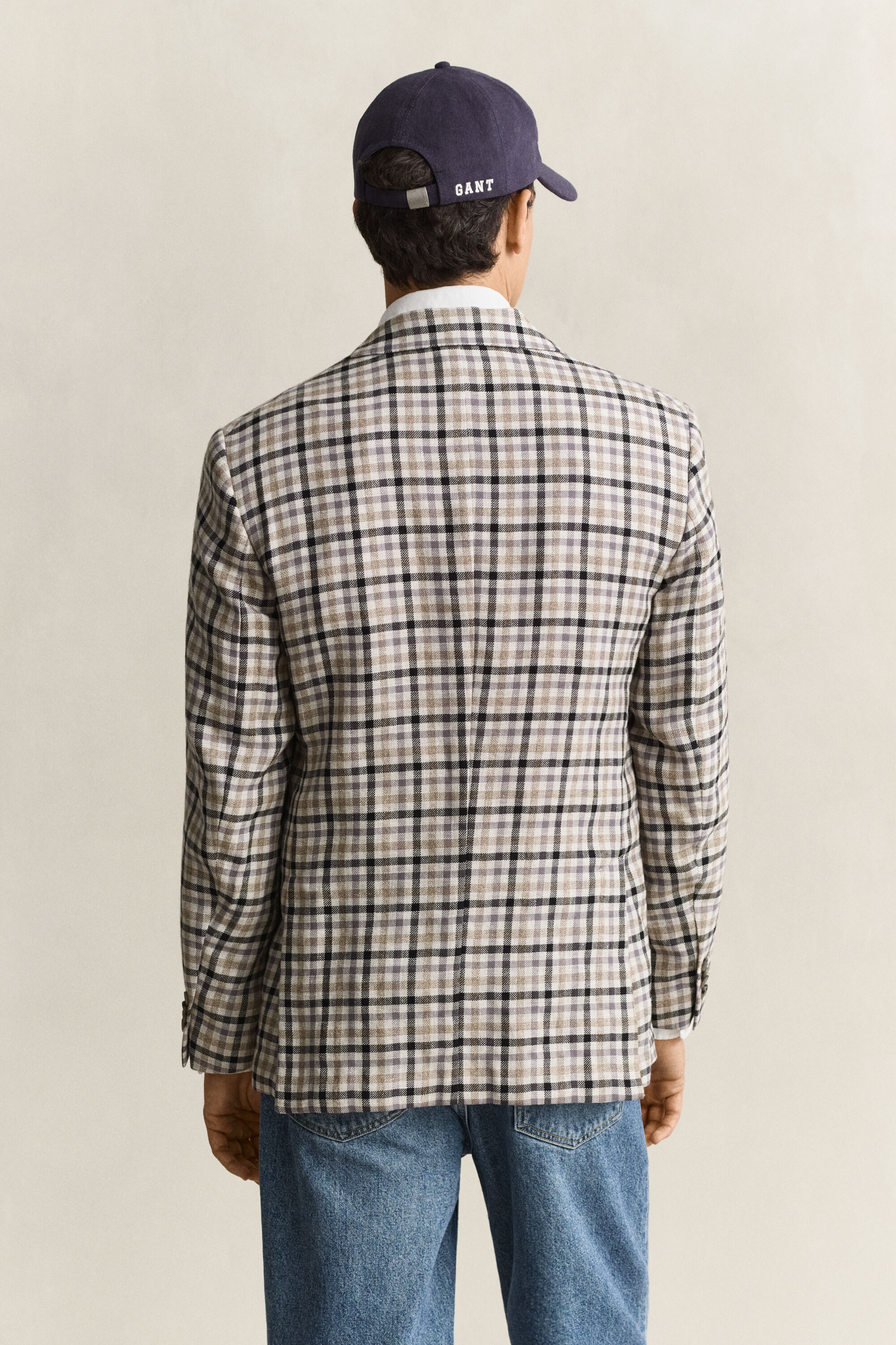 Geruite blazer van wol en linnen