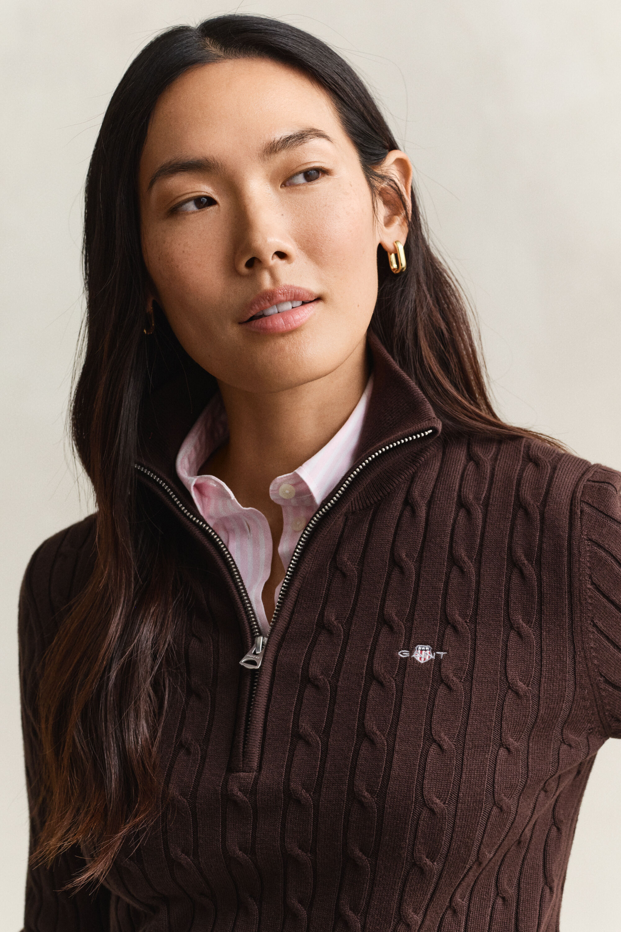 Pull à demi-zip en maille de coton torsadée stretch
