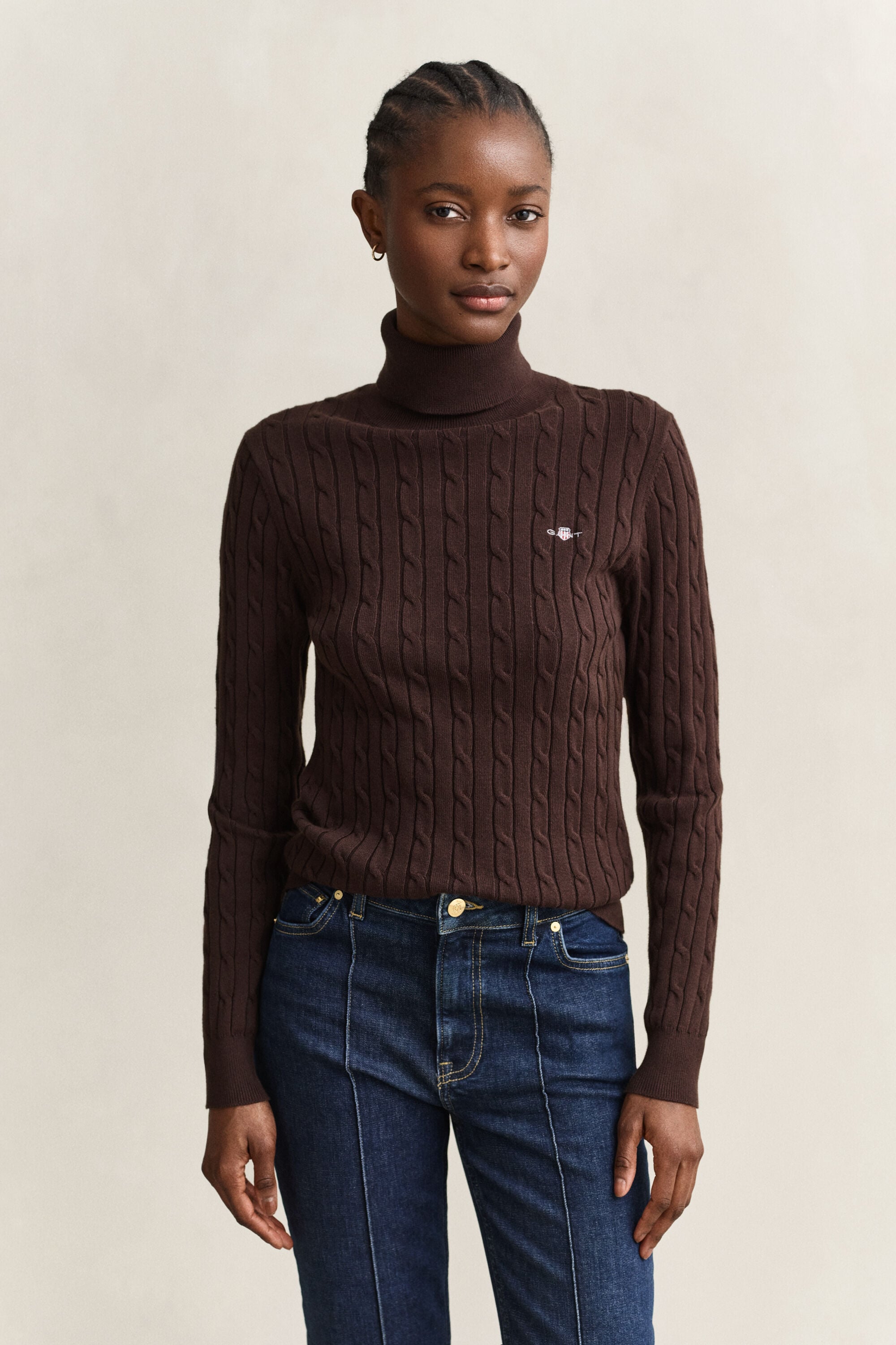 Pull col roulé en maille de coton stretch à torsades