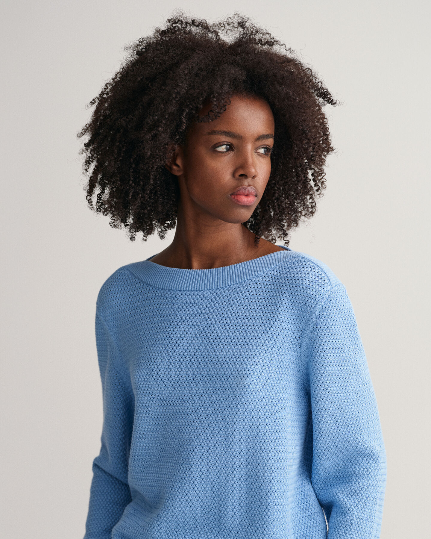 Textured sweater met boothals van katoen