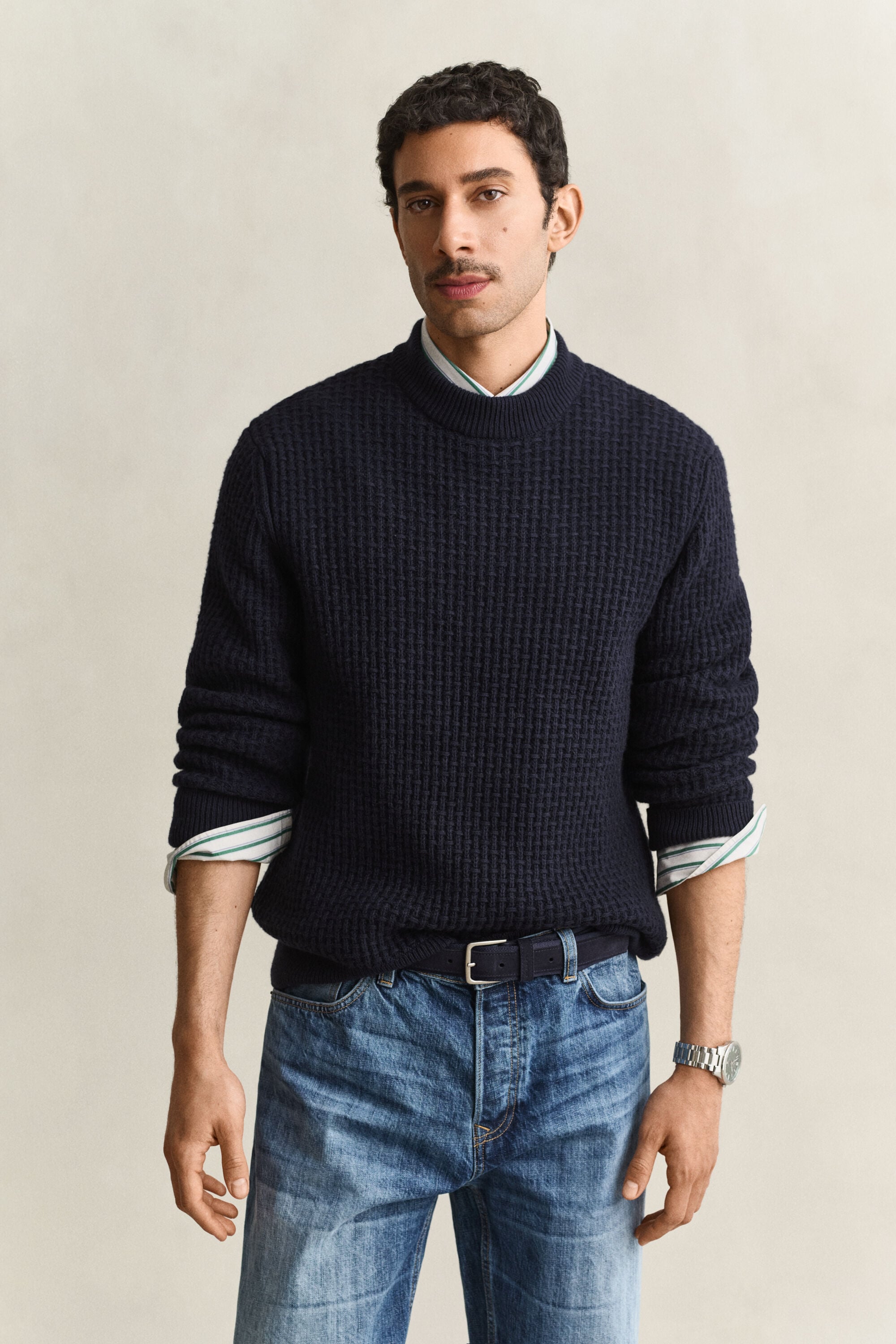 Pull texturé à col cheminée en laine et coton