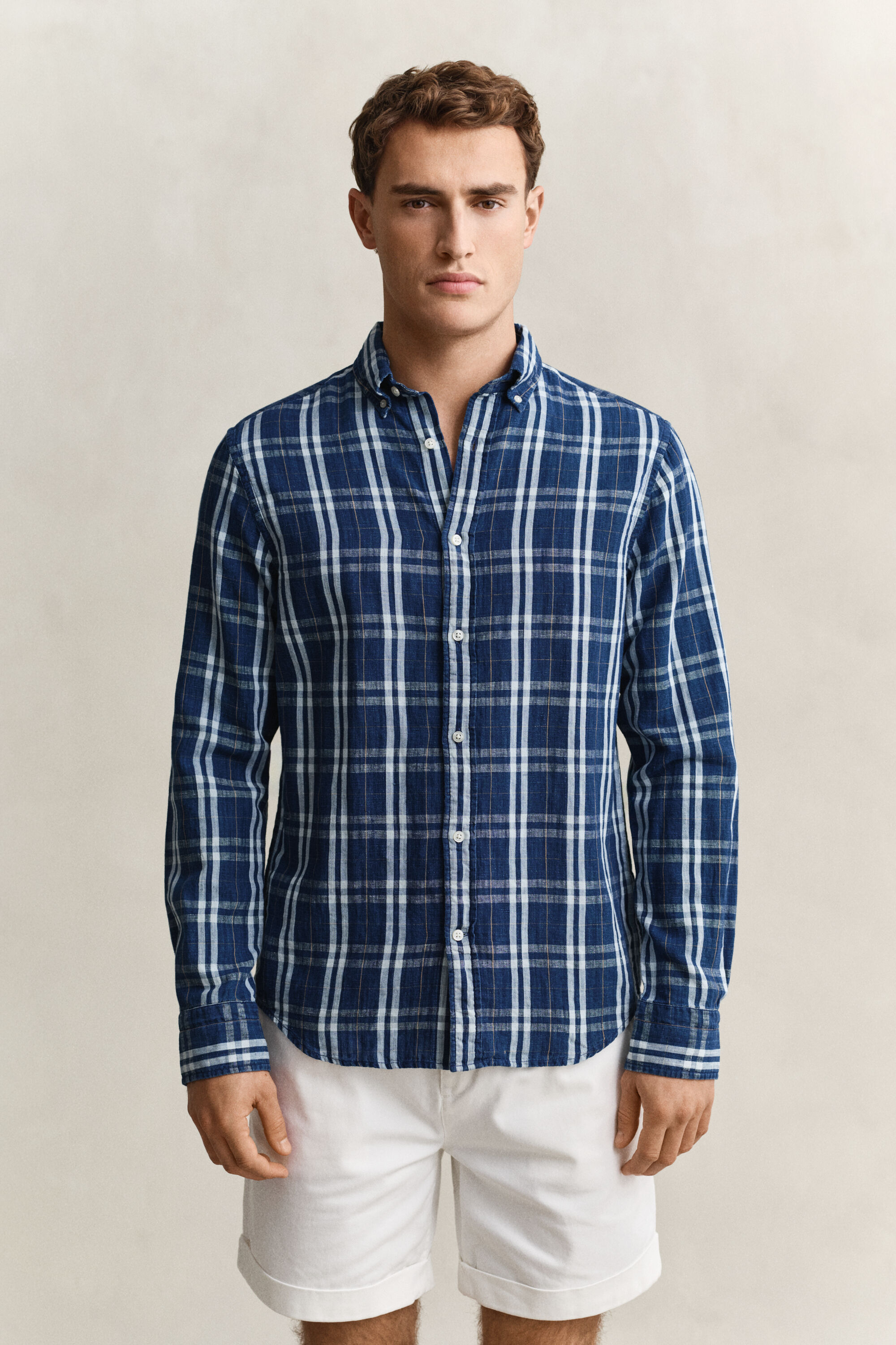 Chemise en coton et lin à carreaux