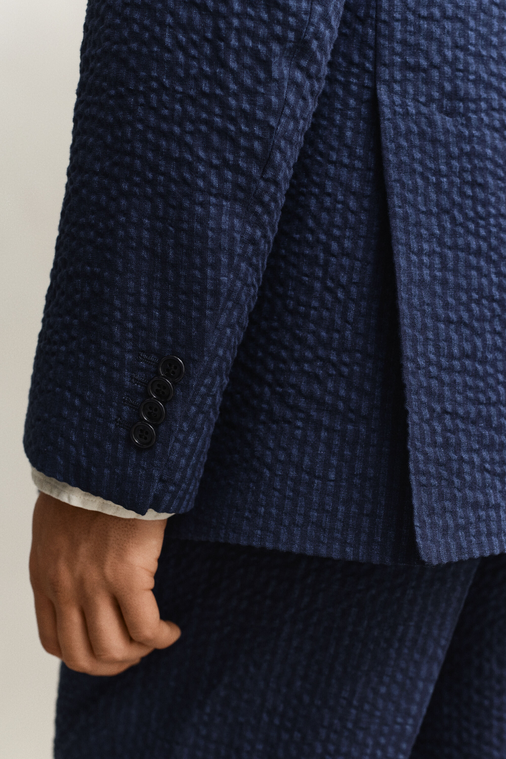 Veste de costume en seersucker indigo