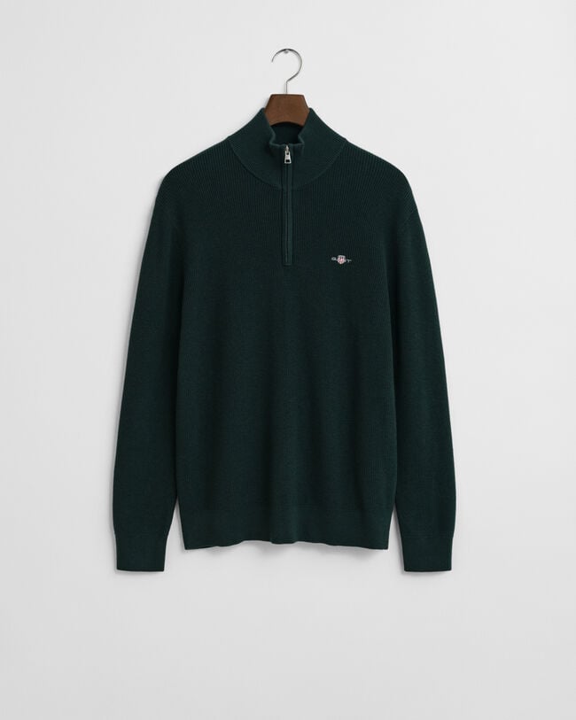 Trui met korte rits van geribde katoen-merinoswolmix