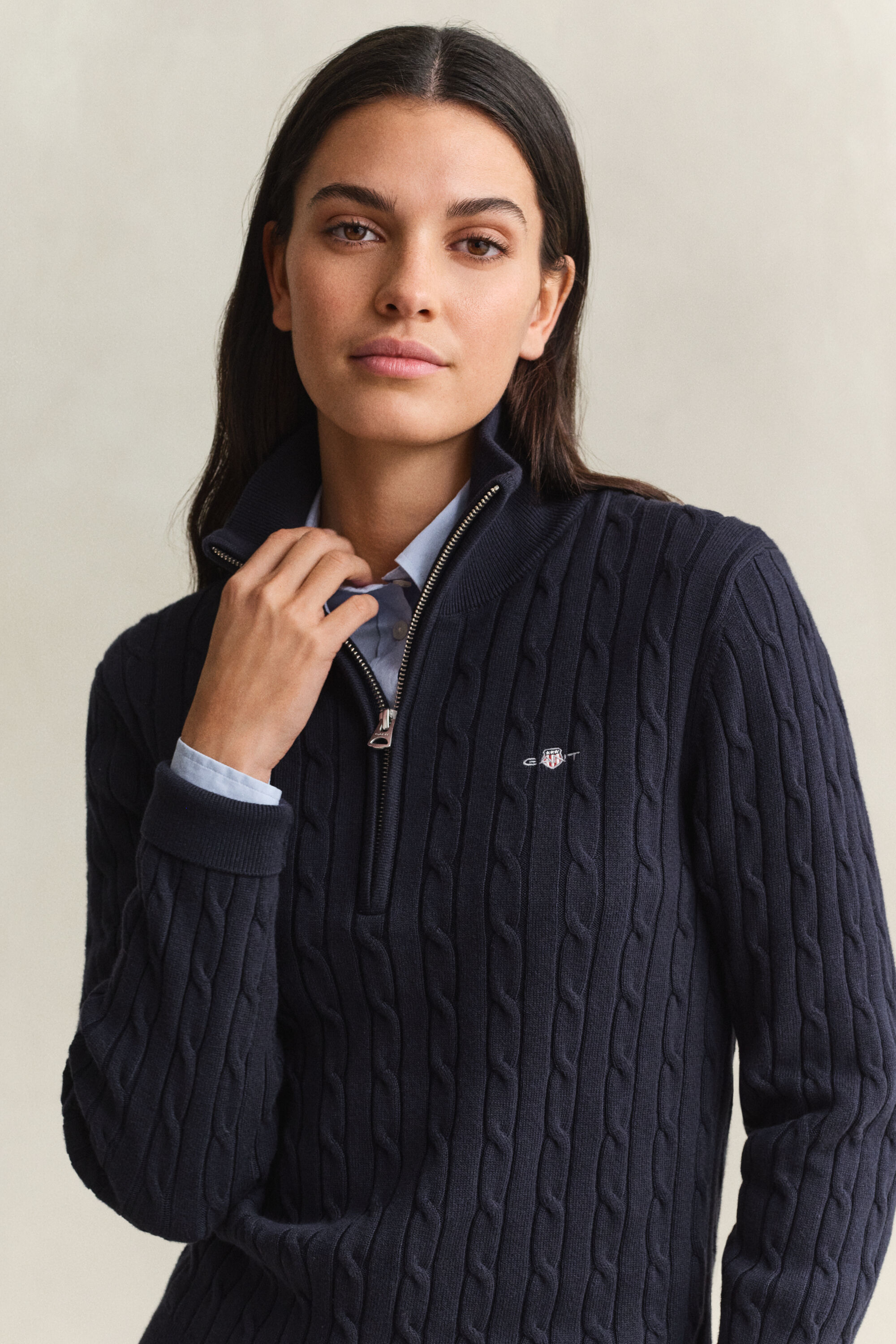Pull à demi-zip en maille de coton torsadée stretch