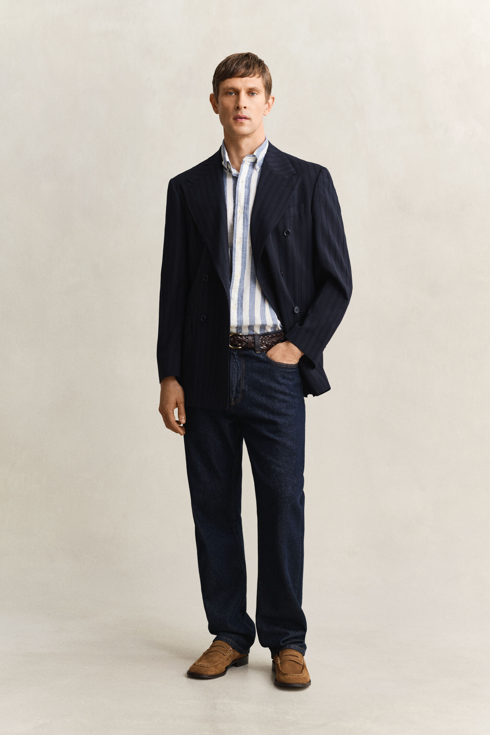 Gestreept overhemd met korte mouwen van linnenmix