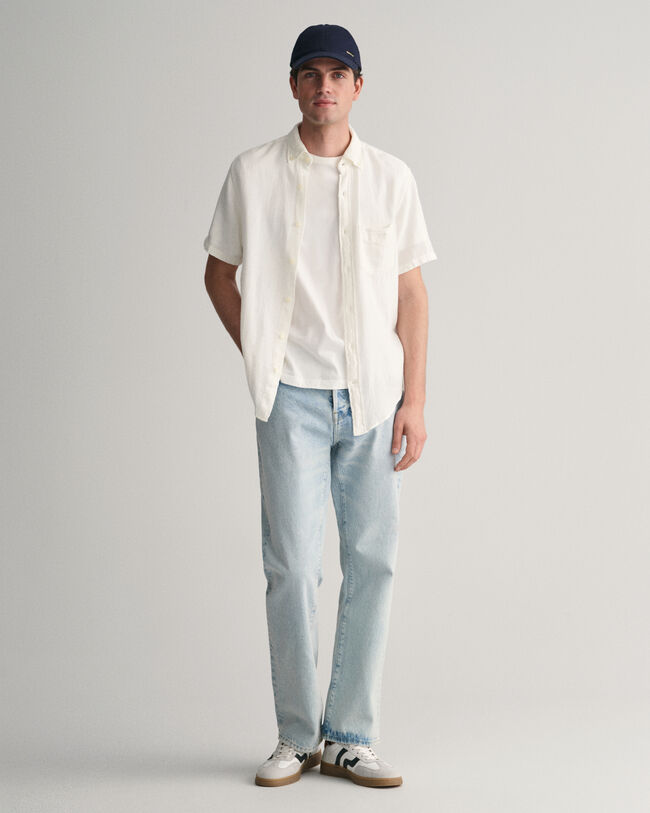 Regular Fit Textured hemd met korte mouwen van katoen en linnen